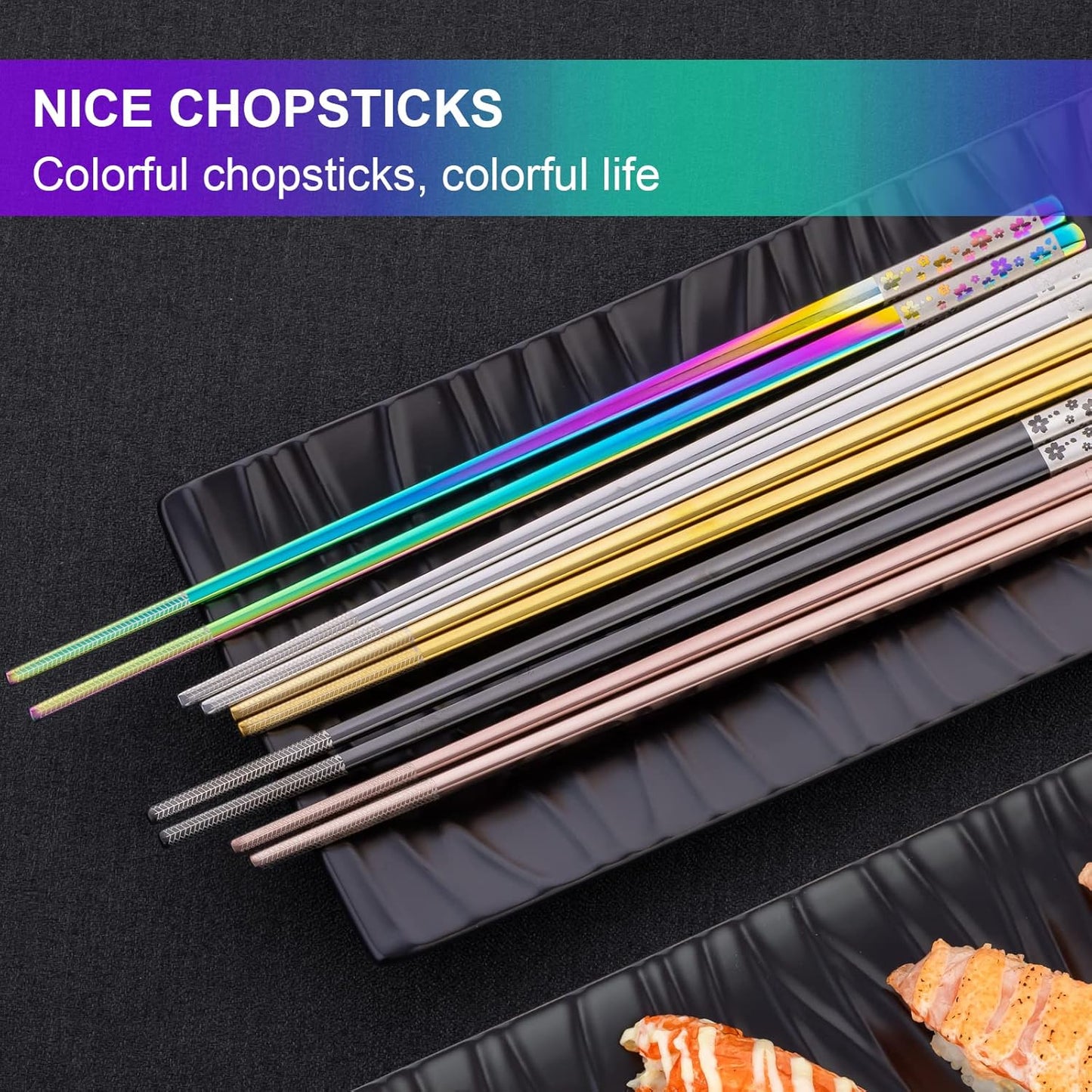 Metal Chopsticks Reusable 5 Pairs Multicolor Stainless Steel Chopsticks Dishwasher Safe Square Lightweight Non-Slip Chop Sticks Present Set