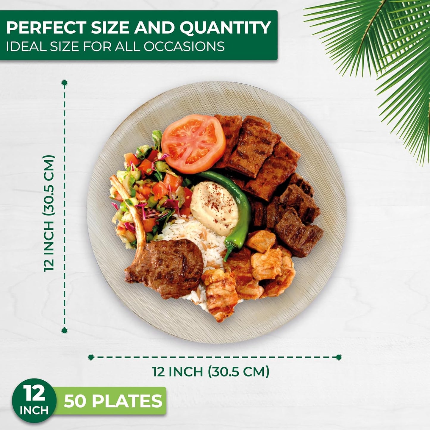 Palm Leaf Disposable Plates - Bamboo Plates Disposable 12 Inch Round (50pc) - 100% Compostable & Biodegradable Plastic-Free Plates - Heavy-Duty, Party Dinnerware Set - Microwave & Oven Safe