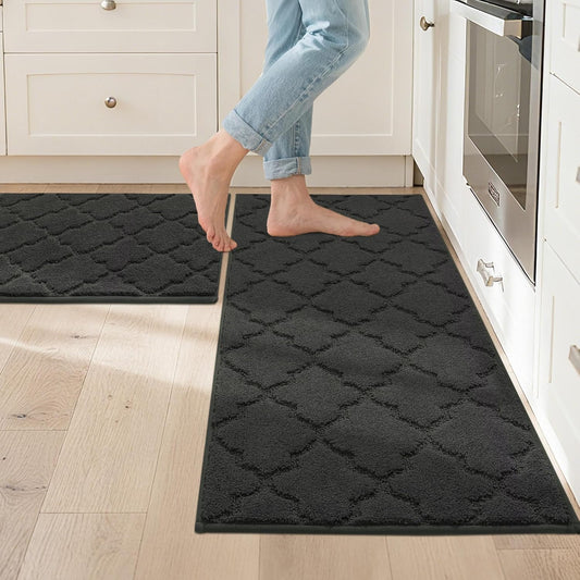 JSEI Kitchen Rugs, Non-Slip Kitchen Mats for Floor, Soft Washable Absorbent Kitchen Mats 2 Pieces, Kitchen Carpet Runner with TPR Backing, Polyester, 20”x32”+20”x48”, Black