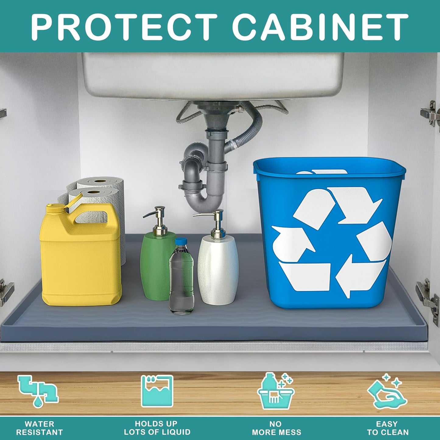 URMONA Waterproof Silicone Under Sink Mat 22'' x 14'' Shelf Liner for Kitchen and Bathroom, Cabinet and Counter Protector, Storage and Organizers, Litter Mat, Pet Cat Puppy Essentials(Light Grey)