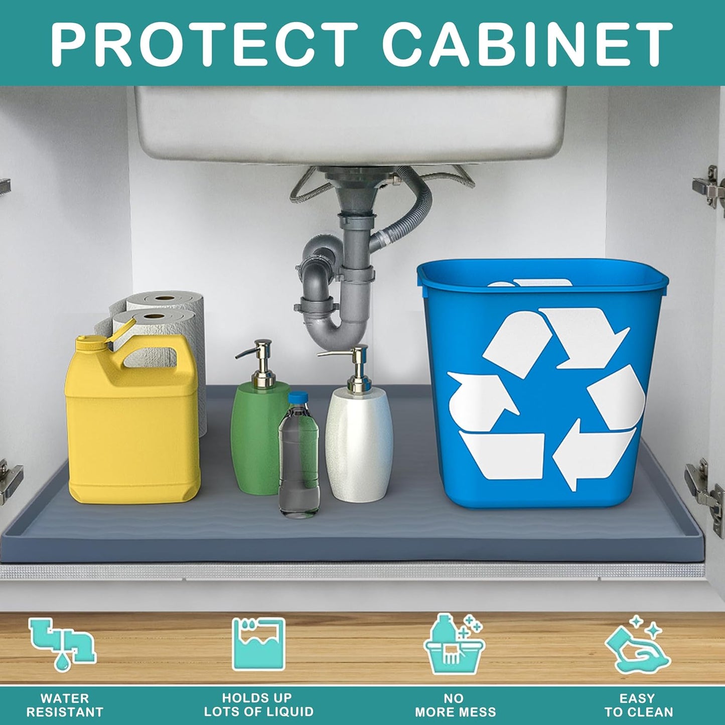 URMONA Waterproof Silicone Under Sink Mat 31'' x 22'' Shelf Liner for Kitchen and Bathroom, Cabinet and Counter Protector, Storage and Organizers, Litter Mat, Pet Cat Puppy Essentials(Cream)