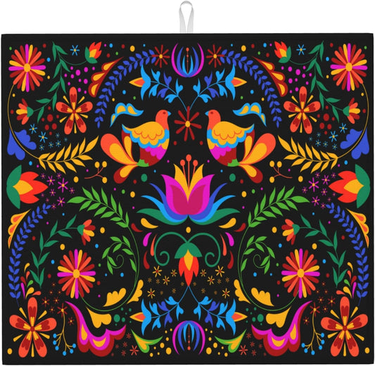 Mexican Dish Drying Mat for Kitchen Counter Mexican Flower Decorative Dish Drainer Rack Mats 16x18 Inch Absorbent Reversible Drying Pad Black