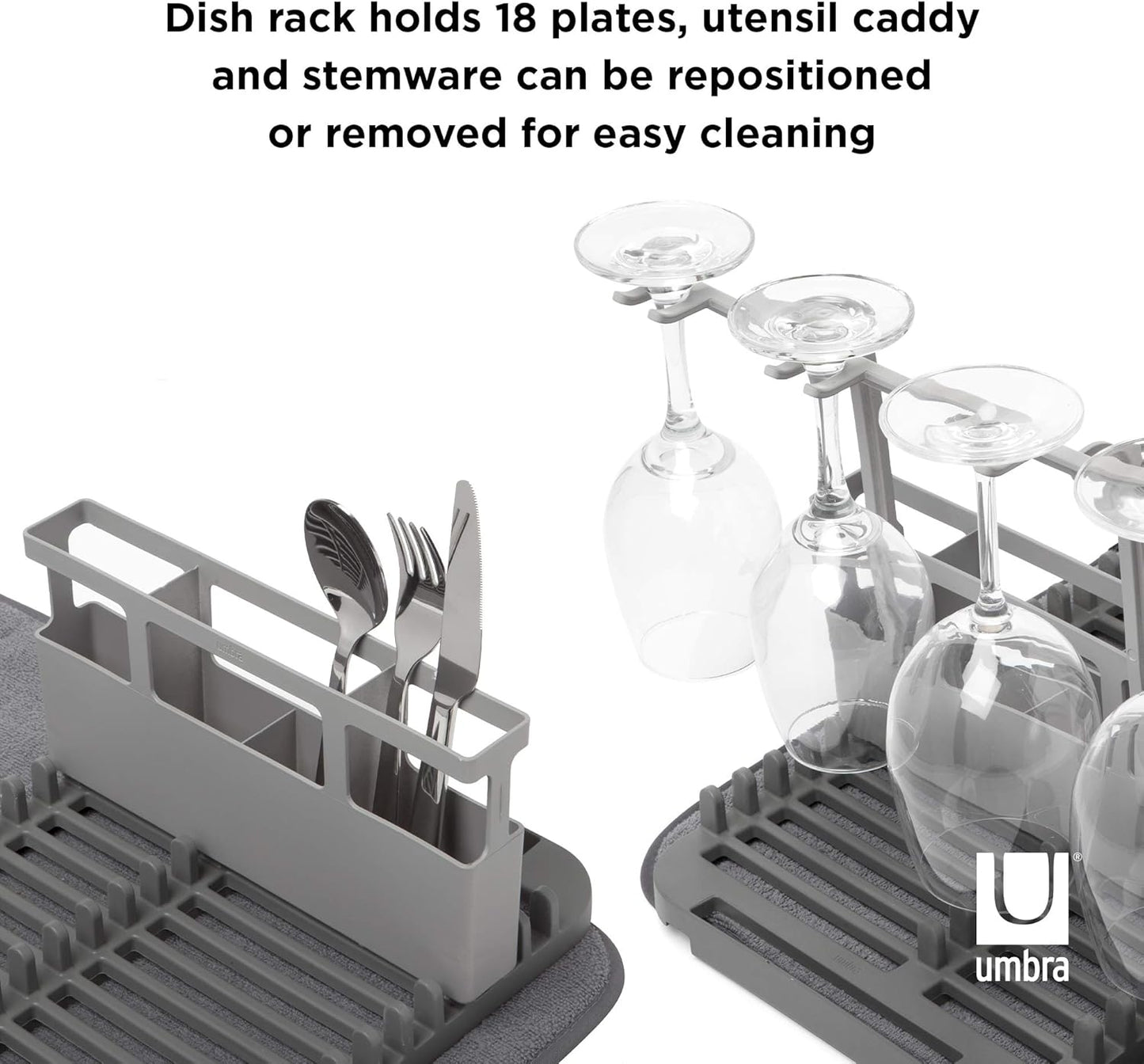 Umbra Udry Dish Rack and Microfiber Drying Mat – Space-Saving Design Folds Up for Easy Storage, Rack with Caddy, Gray
