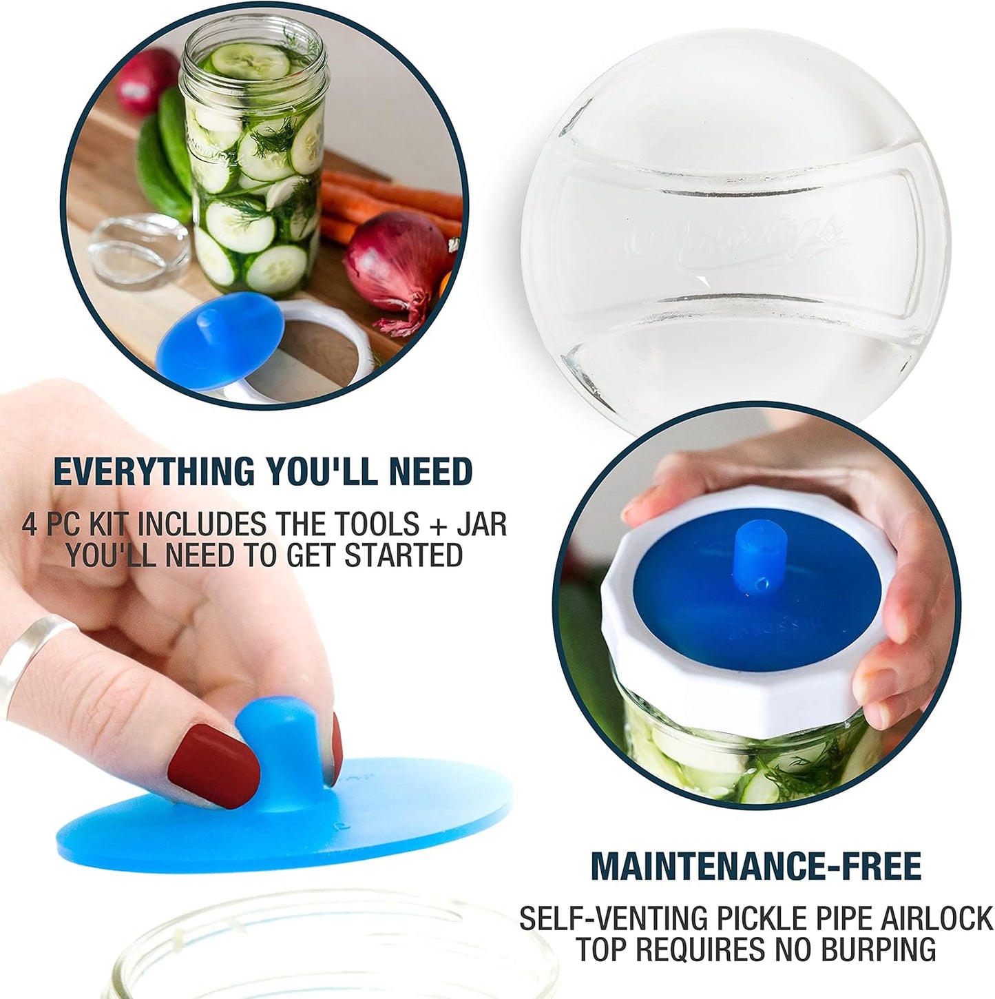 Masontops Fermentation Jar Starter Set, Easy Vegetable Fermentation Kit, Includes Mason Jar, Pickle Kit with Fermentation Lids & Fermentation Weight