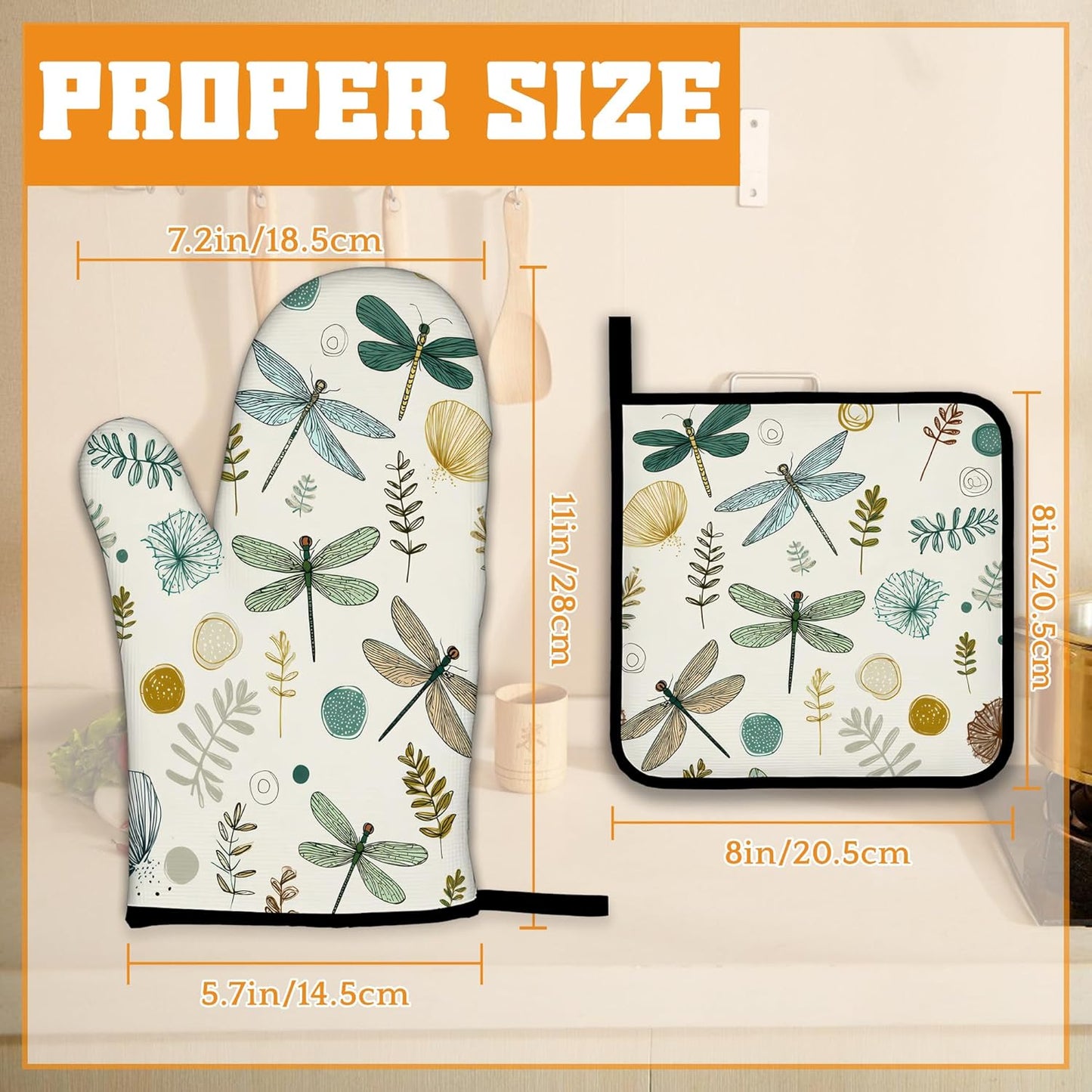 Vintage Dragonfly Oven Mitts and Pot Holders,Boho Heat Resistant Oven Mitts Gloves and Pot Holder for Home Kitchen Decorations Cooking Baking BBQ Gifts,Set of 4