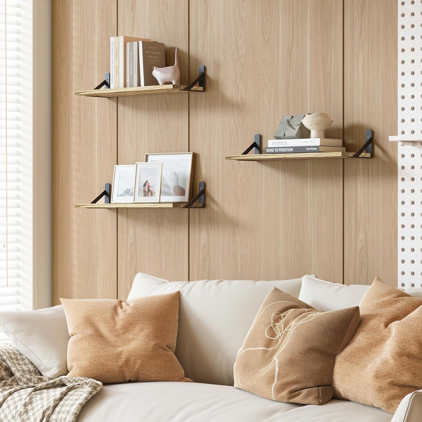 YGEOMER 16.5 Inch Floating Shelves for Wall, Farmhouse Wall Shelves for Bedroom, Bathroom Storage, Living Room and Kitchen Decor (Set of 6 Light Brown Color)