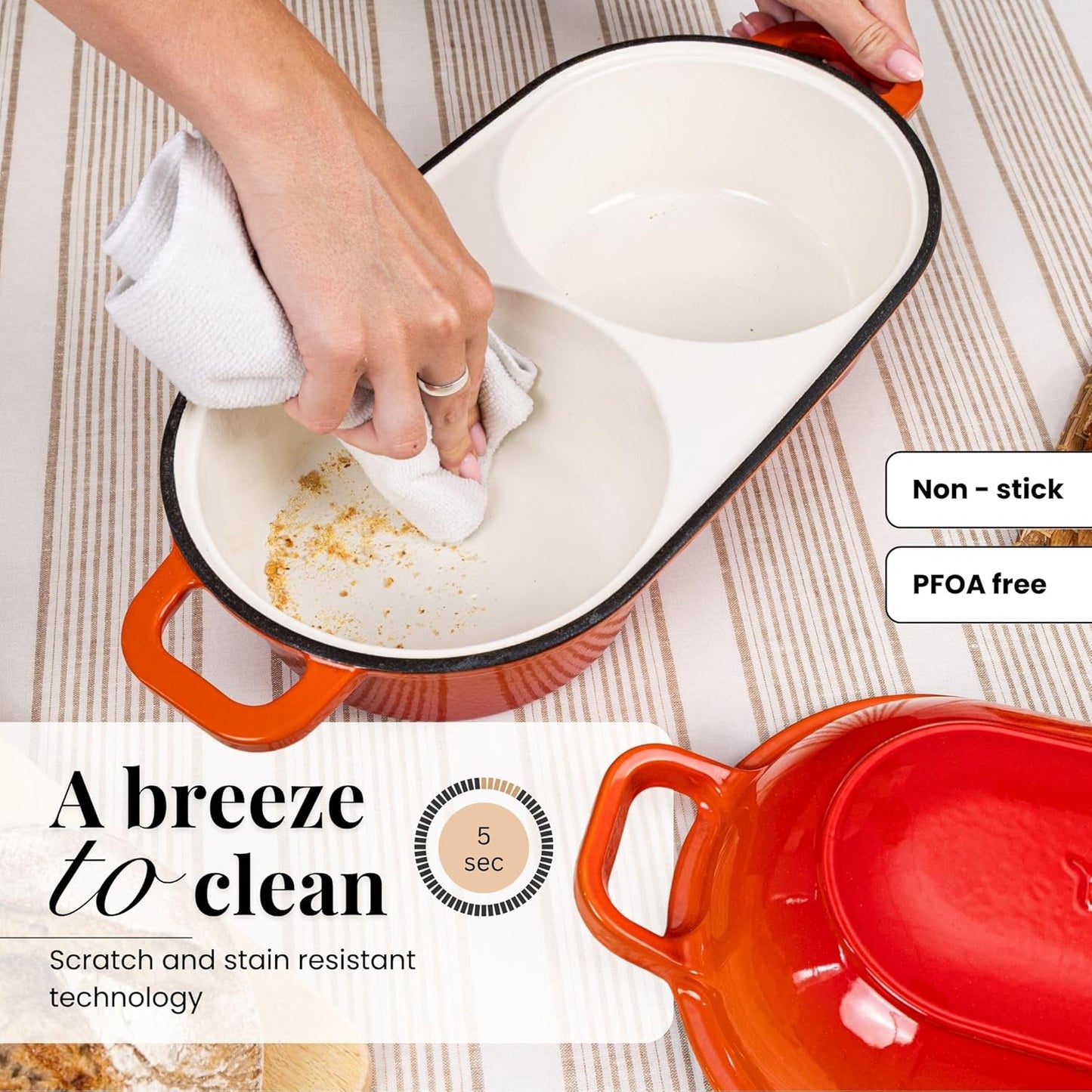 nuovva Dutch Oven For Sourdough Bread Baking – Enamelled Cast Iron Bread Loaf Pot – 500°F Oven Safe Non Stick Bread Pot – Double Round Loaf Space, 16.5cm Diameter, Orange