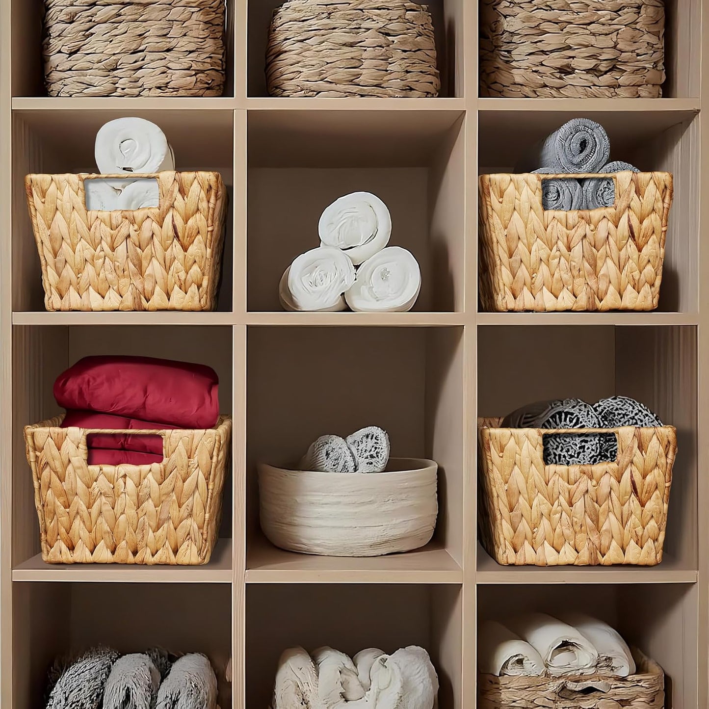 Casafield Set of 4 Water Hyacinth Storage Baskets with Handles - Natural, Woven Rectangular Storage Bins for Shelves, Blankets, Laundry Organization