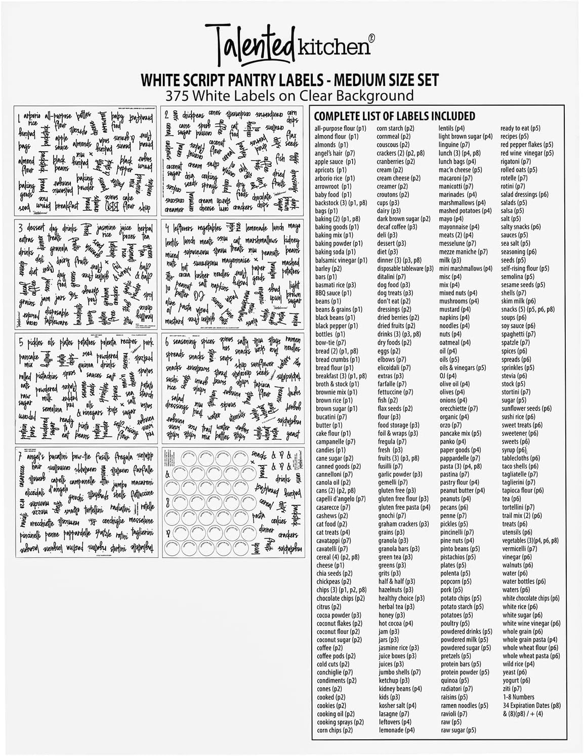 Talented Kitchen Pantry Labels for Containers (375 Pack) - White Script Pantry Stickers for Organizing Food Containers, Jars, Storage, and Bins (Water Resistant)