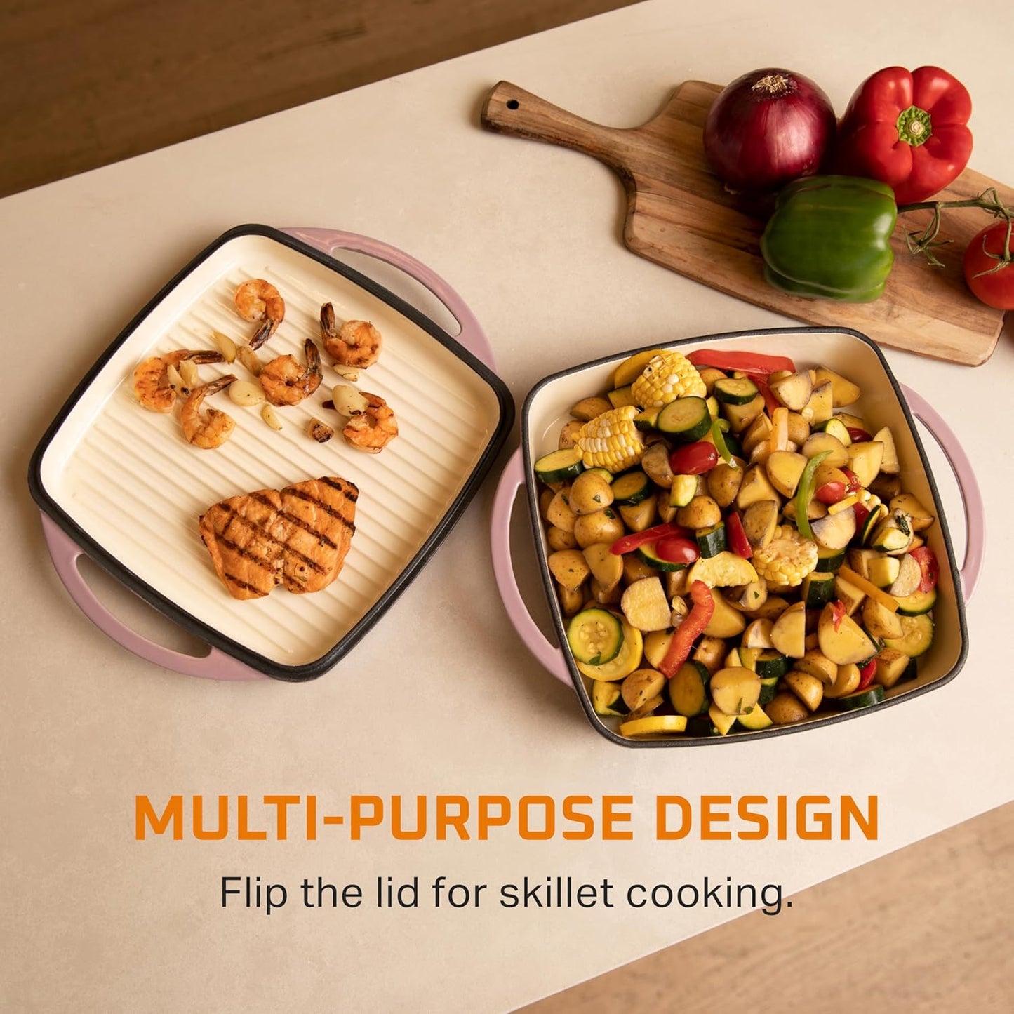 Bruntmor 2-in-1 Square Enamel Cast Iron Dutch Oven Baking Pan with Handles, Purple Baking Pans Set with Cast Iron Skillet, Braising Pan for Casserole Dish with lid, Oven Safe