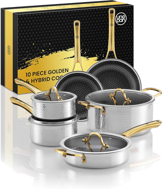 Gold Pots and Pans Set, Hybrid Hammered Stainless Steel, 10PC Nonstick Kitchen Cookware Sets w/Frying pan, Non Toxic, Oven Safe & Compatible with All Stovetops