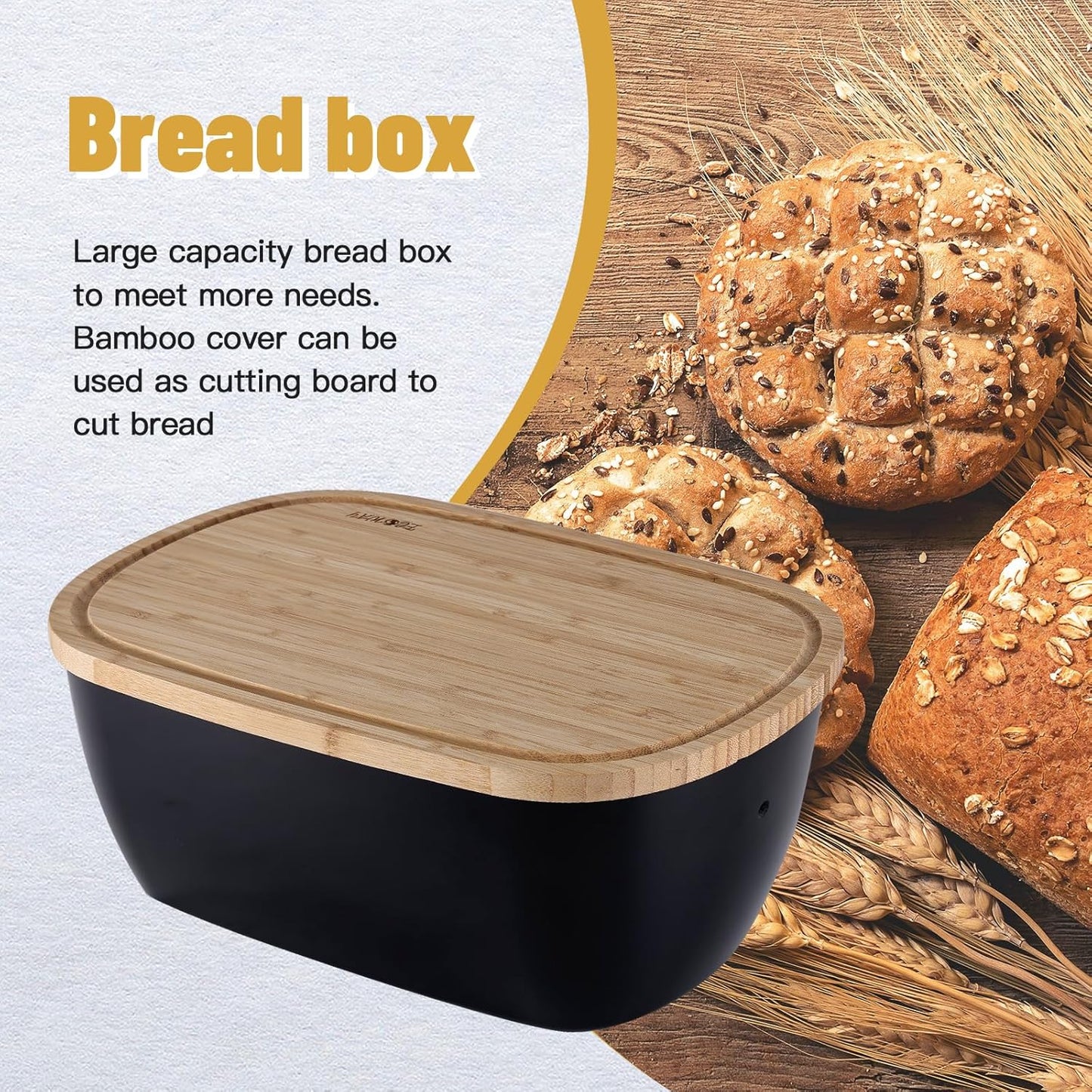 Bread Box for Kitchen Countertop - Bamboo Fiber Bread Bin with Reversible Cutting Board Lid, Juice Groove - Ventilated, Multi-Functional Storage Keeper for Freshness (14.2x7.8x5.5In, Black)