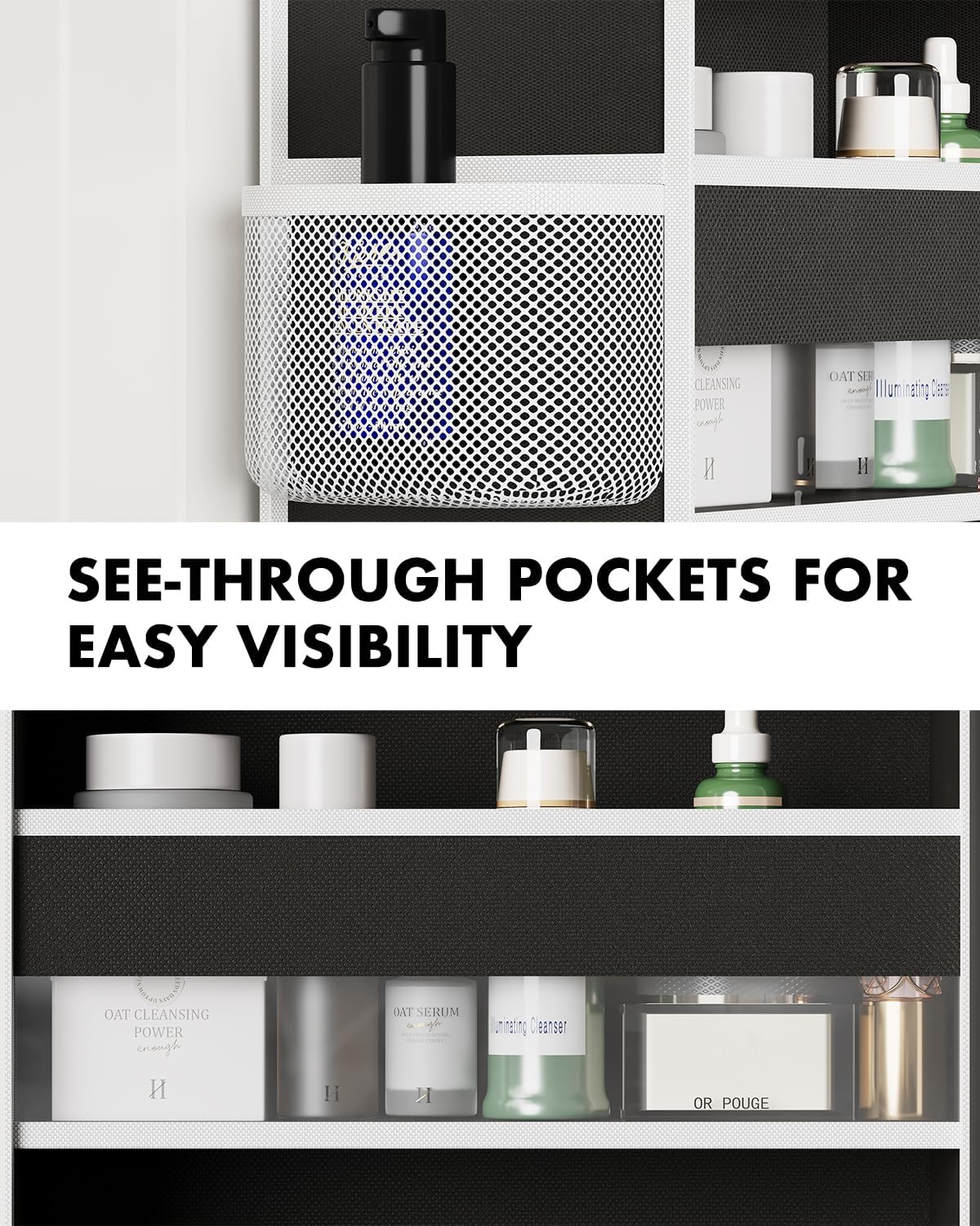 Over The Door Organizer Hanging - 6 Shelf Over Door Organizer with 6 Clear Front & 12 Side Pockets - 50LB Load Behind Storage for Closet Bedroom Bathroom Nursery Baby Essentials(Black)