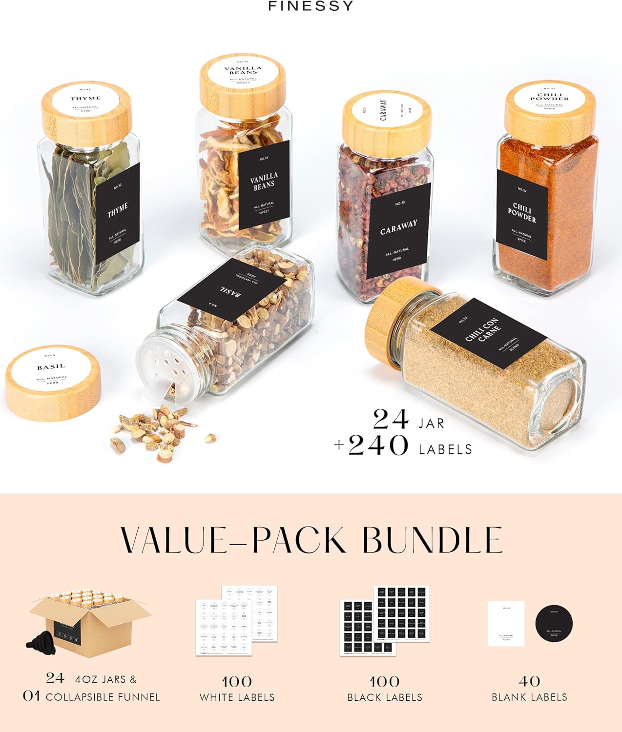 Bamboo Glass Spice Jars with Label and Shaker Lids Clear Empty 4oz 24 Pack Bottles Set, Square Glass Spice Containers with Labels Black, Seasoning Organizer Jars, Seasoning Containers with Labels Set