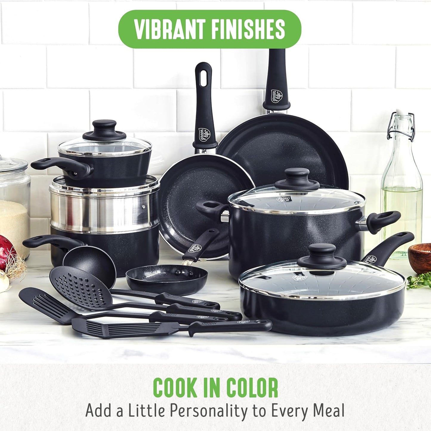 GreenLife 16 Piece Nonstick Cookware Set, Soft Grip Non-Toxic PFAS-Free Ceramic Pots & Pans, Dishwasher & Oven Safe, Frying, Sauce, Saute, Utensils, Glass Lids, Stay-Cool Handles, Wobble Free, Black