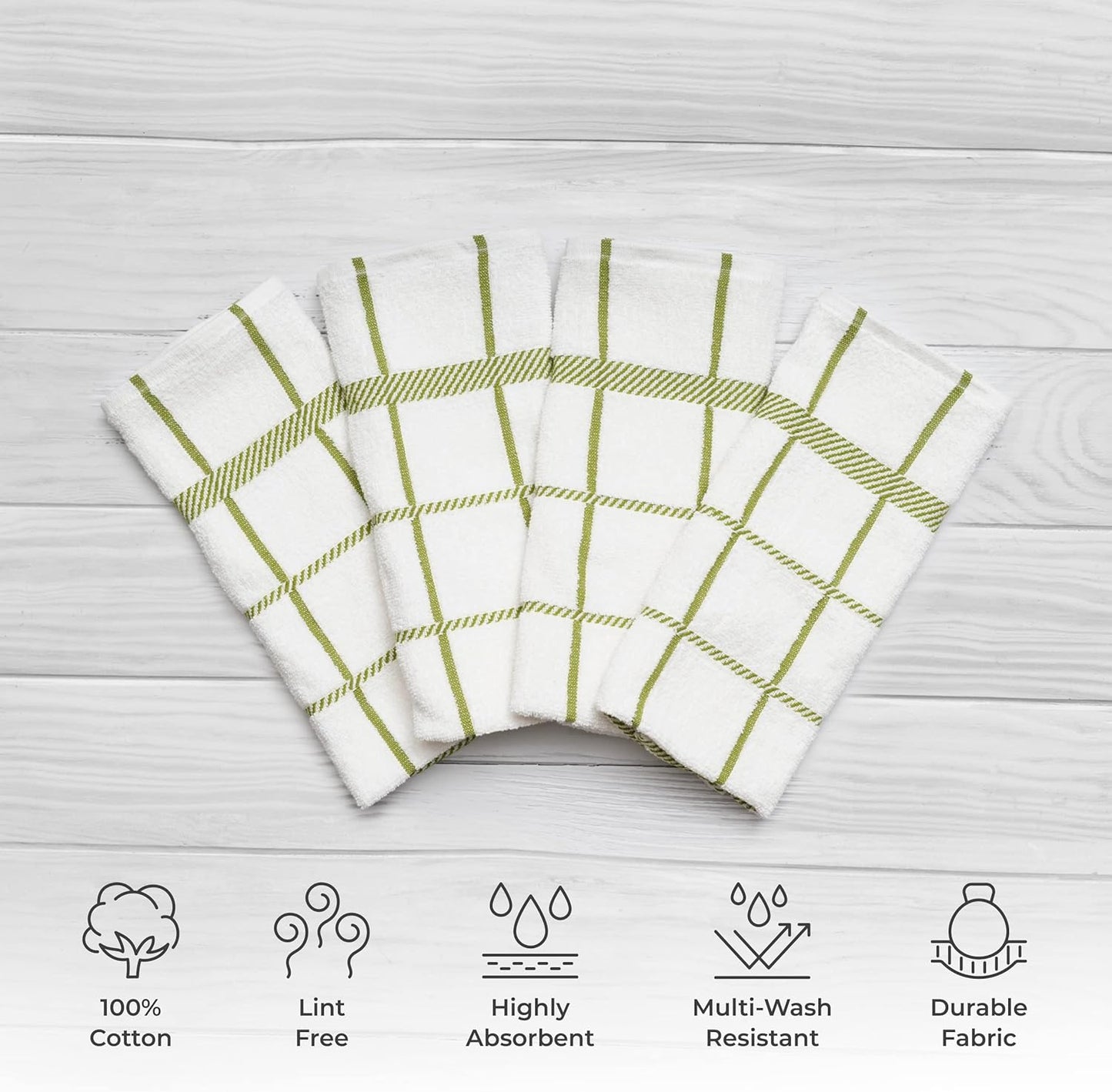 100% Cotton Terry Dish Towels, 4 Pack Checks, 16 x26 Inches, Super Soft and Absorbent Kitchen Towels, Perfect for Kitchen Cleaning and Dish Washing | Green