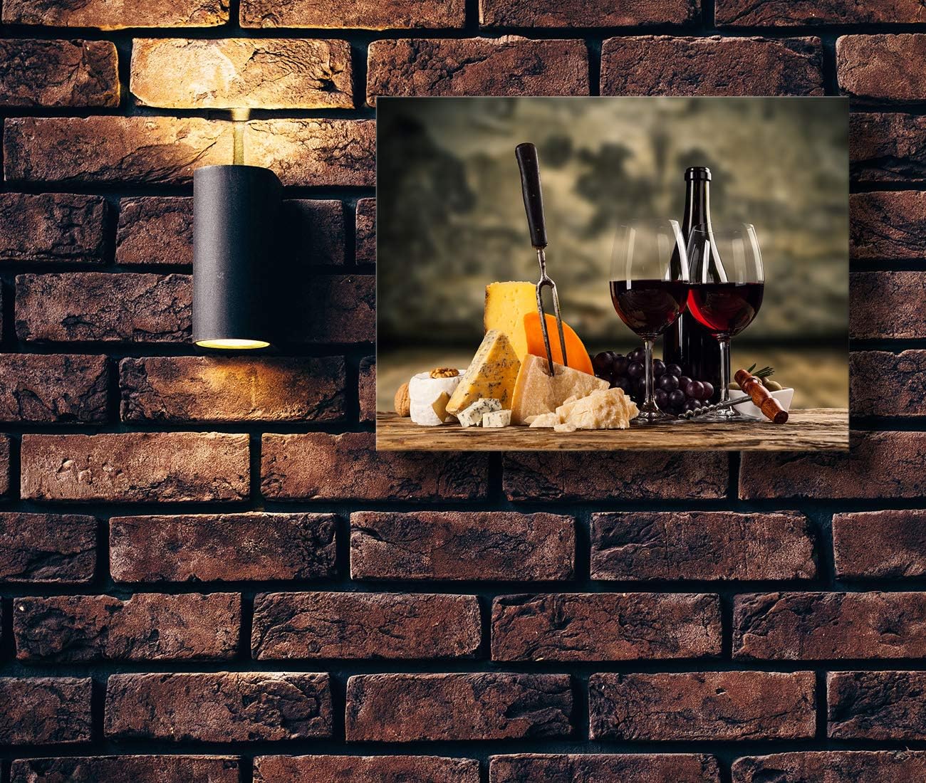 Looife Kitchen Still Life Canvas Wall Art, 16x12 Inch Gallery Wrapped Red Wine with Cheese Picture Prints Wall Decor, Food Art Deco for Dining Room and Bar Decoration