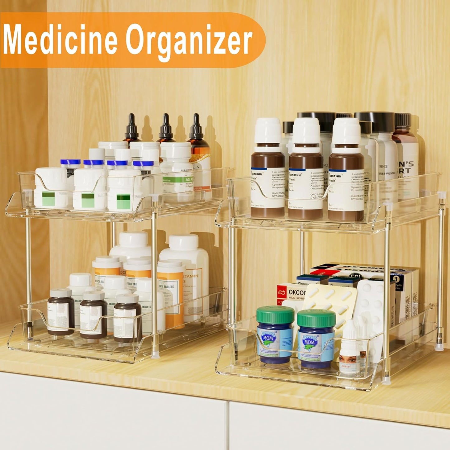 JLKDQ 4 Pack Bathroom Under Sink Organizers and Storage, 2-Tier Pull Out Medicine Cabinet Organizing- Kitchen, Pantry, Medicine Storage Bins, Vanity Makeup.(Clear,10.63" L x 8.0" W x 8.46" H).
