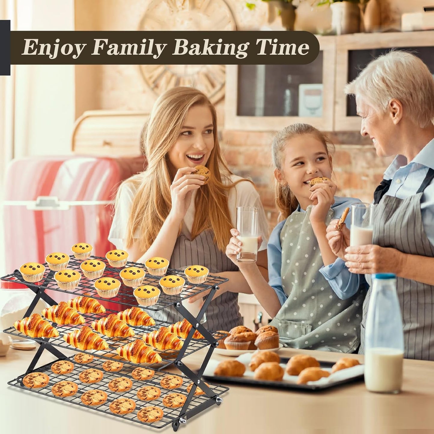 Pleafind 3 Tier Collapsible Cooling Rack - 3 Setting Design, Adjustable ＆ Stackable Baking Rack, 5 Modes Cooling Racks for Cooking and Baking, Roasting ＆ Grilling Gifts for Picnic Party