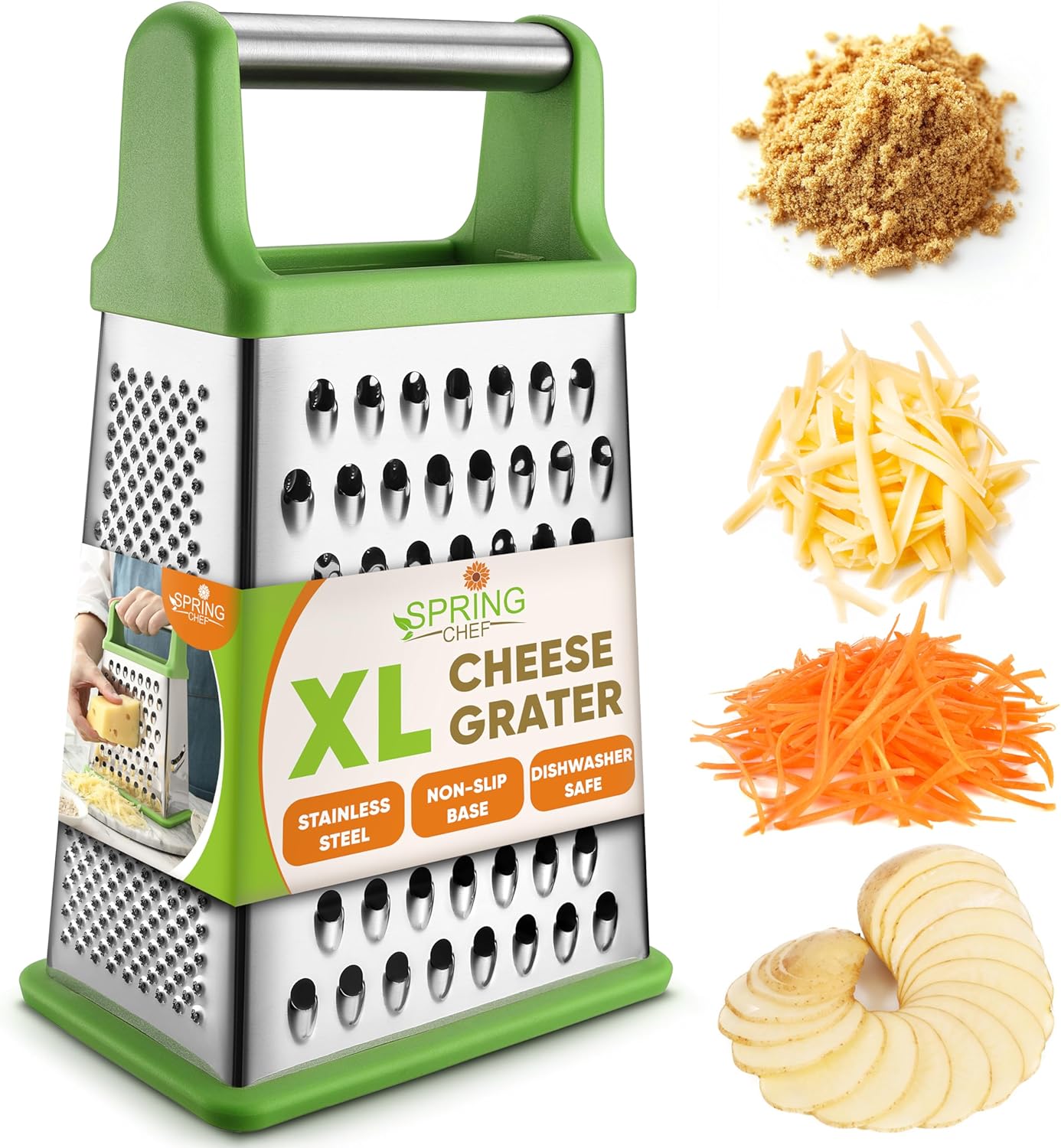 Spring Chef Green Professional Stainless Steel XL Parmesan Cheese Grater with Handle - 4 Sided Box Grater for Kitchen - Dishwasher Safe Food Shredder for Carrot, Potato, Vegetables, Ginger, Hash Brown