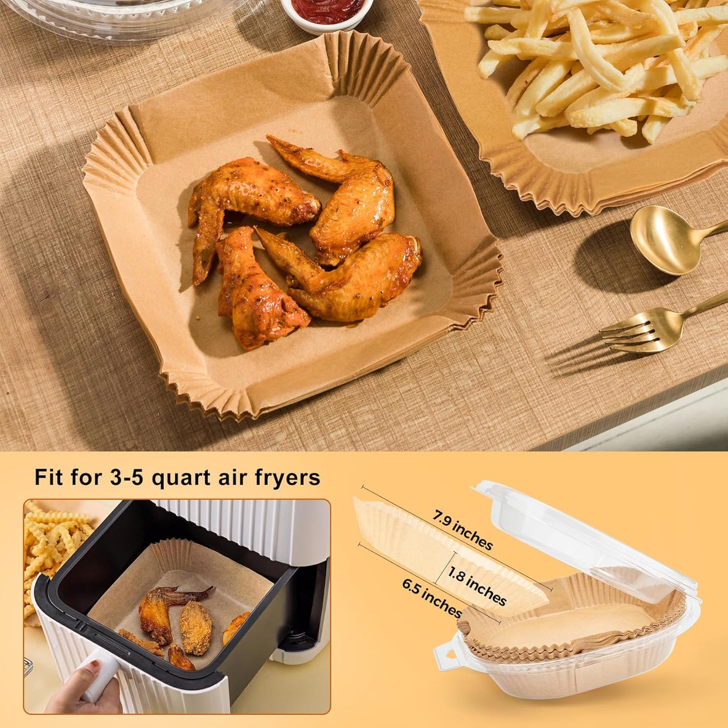 Air Fryer Paper Liner Disposable - 100PCS 6.5 Inch Square Liners for Air Fryer, Grease and Water Proof Non Stick Basket Parchment Paper