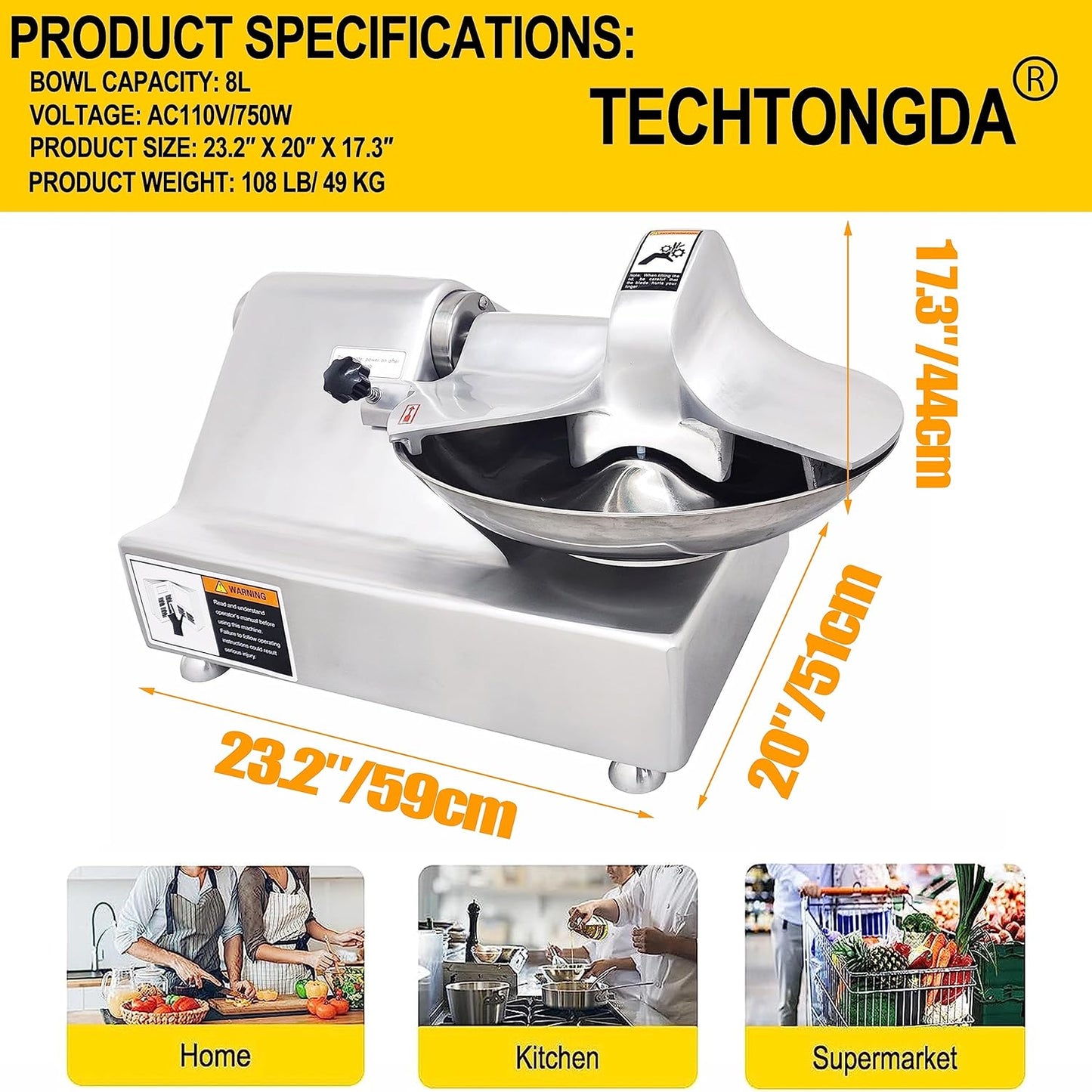 TECHTONGDA 110V Commercial Food Processor, 8L Electric Food Chopper Vegetable Cutter, Meat Grinder, Meat Bowl Cutter Chopper Machine for Vegetables, Grain, Nuts, Ginger, Garlic