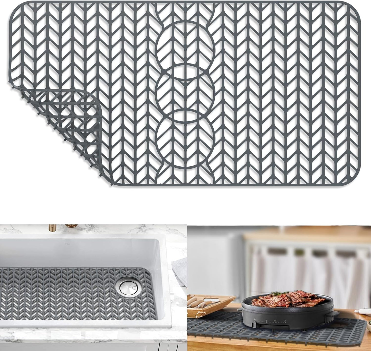 GUUKIN Sink Protectors for Kitchen Mat - 29"x 15.35" Silicone Kitchen Sink Mat Grid for Bottom of Farmhouse Stainless Steel Porcelain with 3 Reserved Holes（Grey）