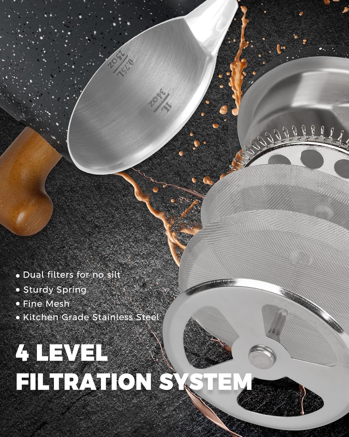 POLIVIAR French Press Coffee Maker, 34 oz Coffee Press with Real Wood Handle, Double Wall Insulation & Dual-Filter Screen, Food Grade Stainless Steel for Good Coffe and Tea, JX2025-XFPG