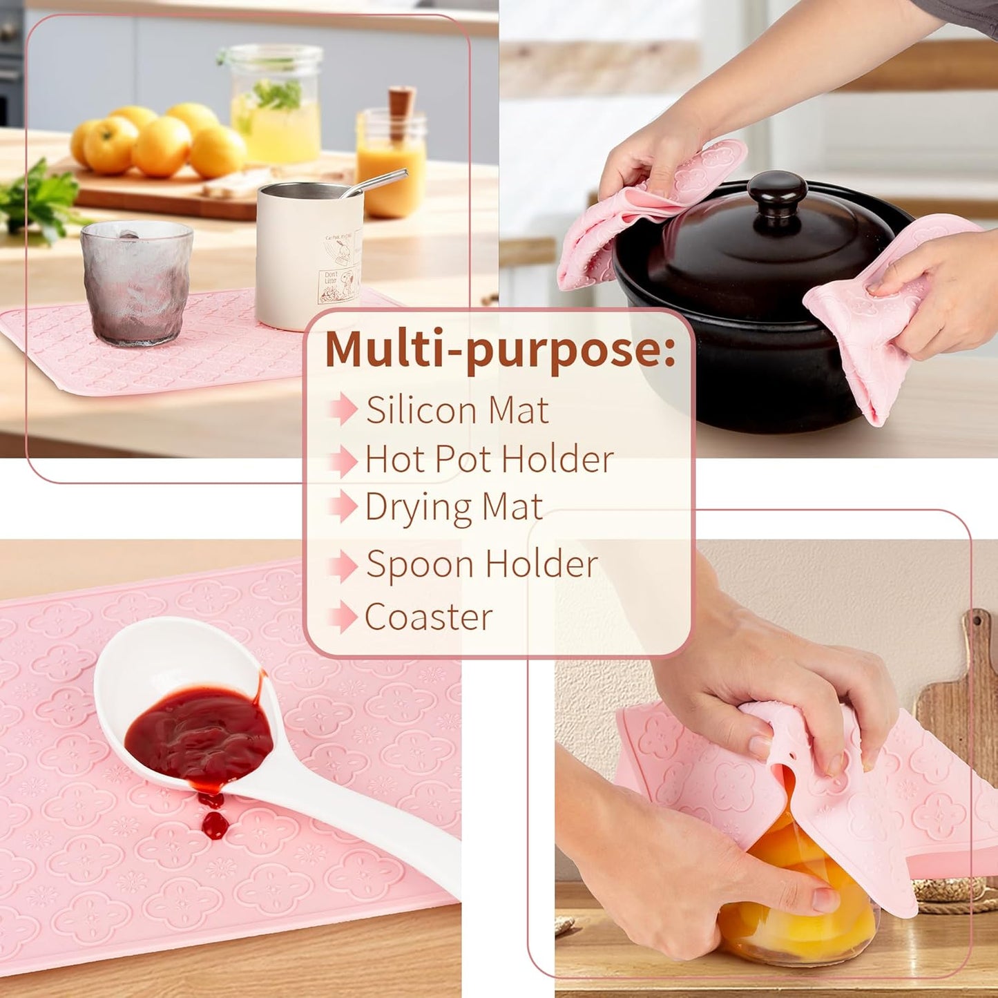 LEHAHA Melamine Serving Tray with Handles, 17.25 x 12 Inch Aesthetic Serving Platters and Trays with Curved Sides, Tray for Lunch, Coffee, or Breakfast, Set of 4, Silicone placemats Included,Pink