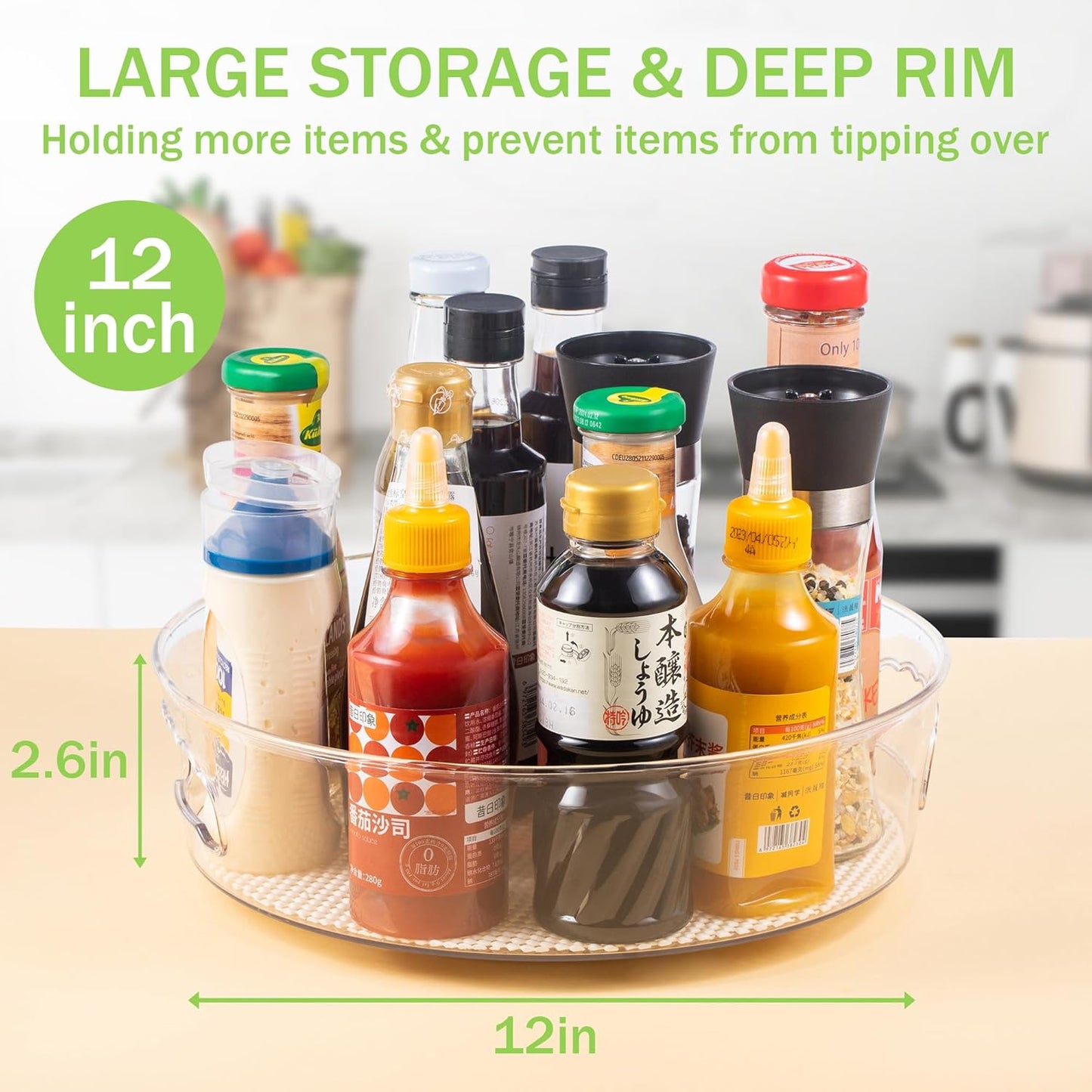 3 Pack Lazy Susan Organizer for Pantry Storage with Non-Skid Liner, 12" Clear Rotating Lazy Susan Turntable for Coner Cabinet, Kitchen Sink, Bathroom, Countertop, Lift-up Design for Easy Moving