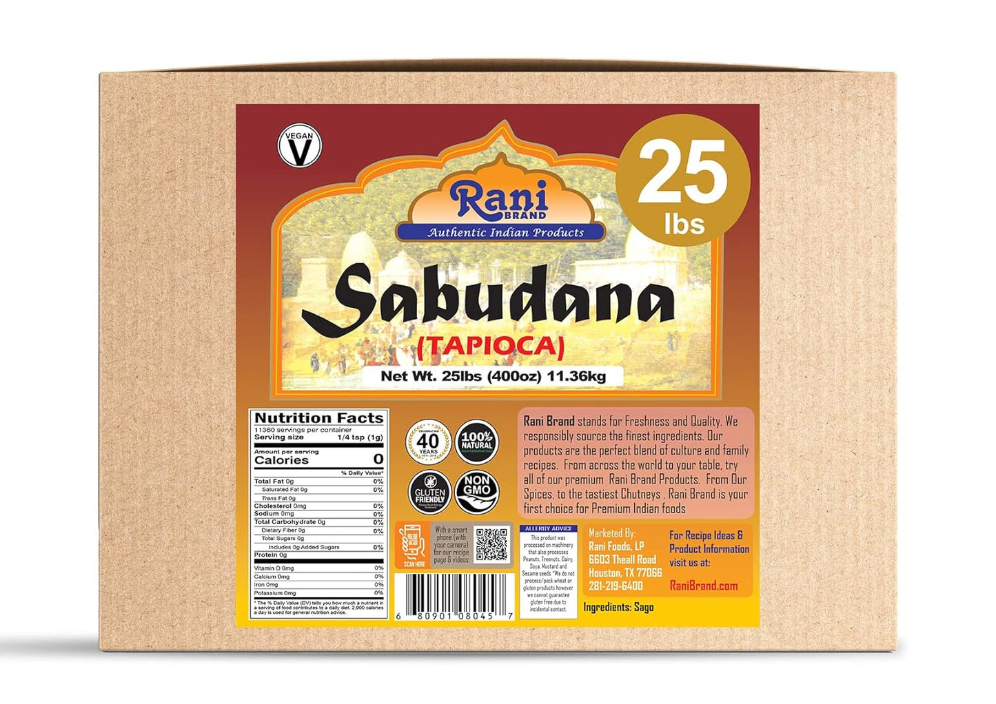 Rani Sabudana (Tapioca/Sago) Pearls 400oz (25lbs) 11.36kg Bulk Box ~ All Natural | Vegan | No Colors | NON-GMO | Indian Origin