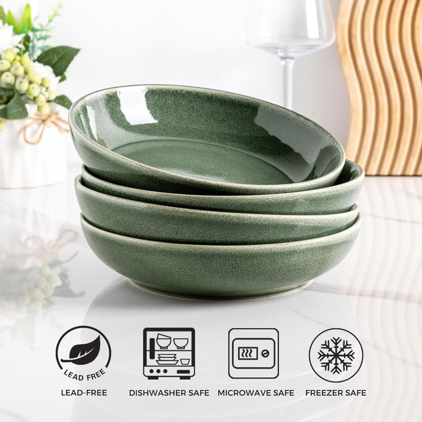 AmorArc 8.5'' Large Ceramic Pasta Bowls Set, 36oz Stoneware Bowls Set of 6 for Kitchen, Reavtive Glaze Bowls-Microwave,Dishwasher Safe-for Pasta,Salad,Oatmeal-Jade Green