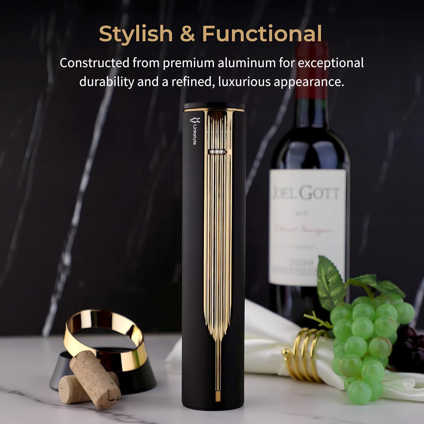 VINOWAKE Openero Electric Wine Opener By LINKSTYLE — Rechargeable Battery with Charging Base, Precision Steel Foil Cutter, Luxurious Matte Finish