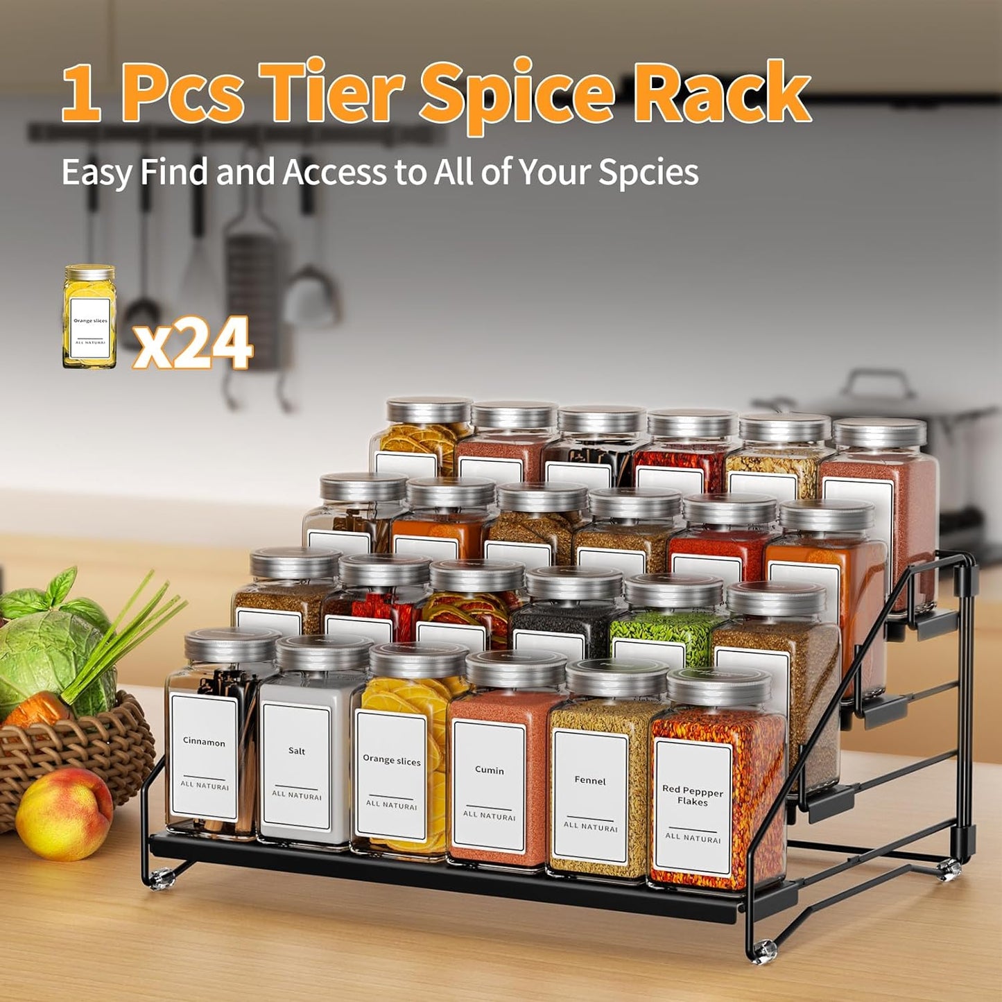 4 Tier Spice Rack for Cabinet, Spice Rack Organizer, Depth Adjustable Spice Holder for Countertop, Cupboard, Pantry, Seasoning Shelf, Metal, Black (1 Pack)