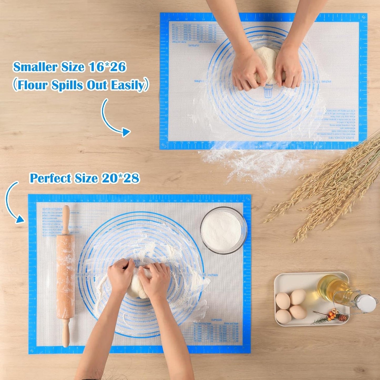 Nonstick Silicone Pastry Mat Extra Large with Measurements 28''By 20'' for Silicone Baking Mat, Counter, Dough Rolling,Fondant/Pie Crust By Folksy Super Kitchen (20×28, Blue)