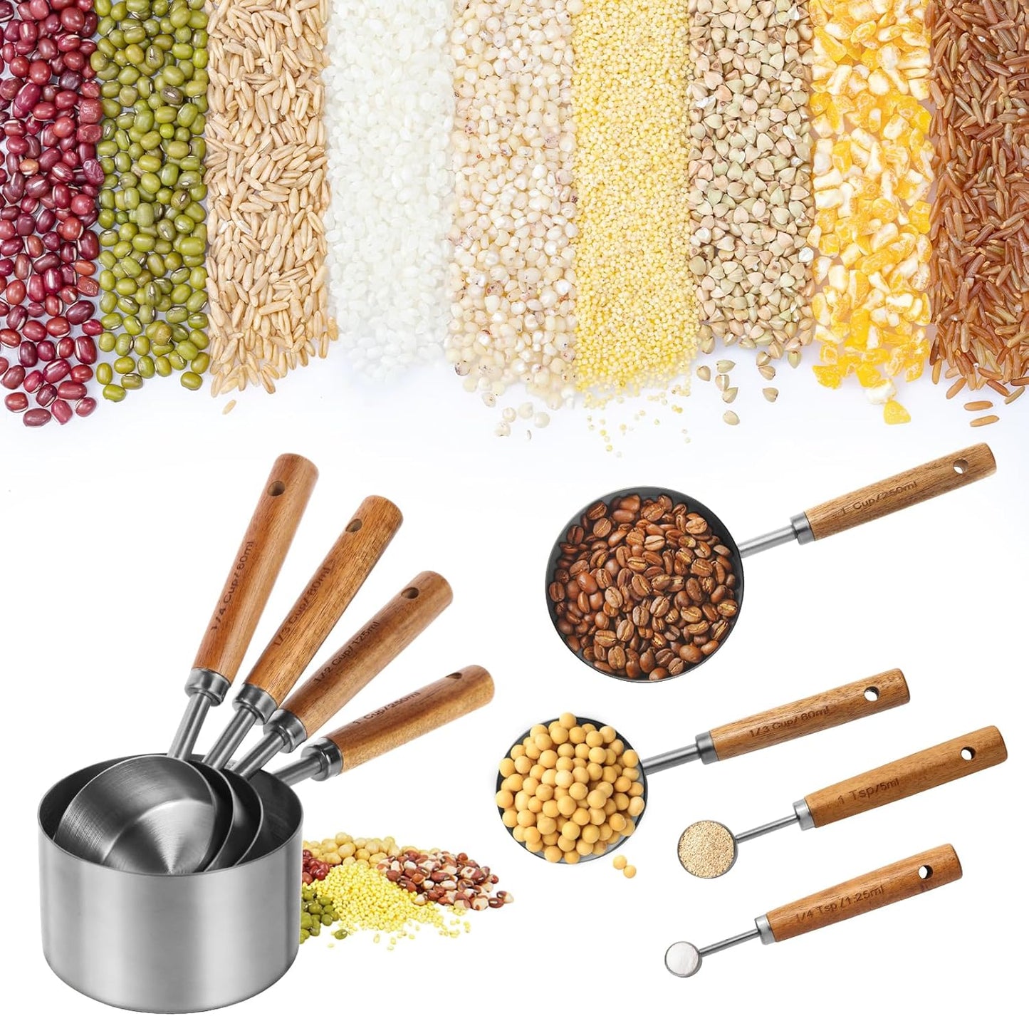 Measuring Cups and Spoons Set，Measuring Cup Set with Wooden Handle and Metric and US Measurements，Silver Polished Finish，for Cooking and Baking in The Kitchen (8 Piece)