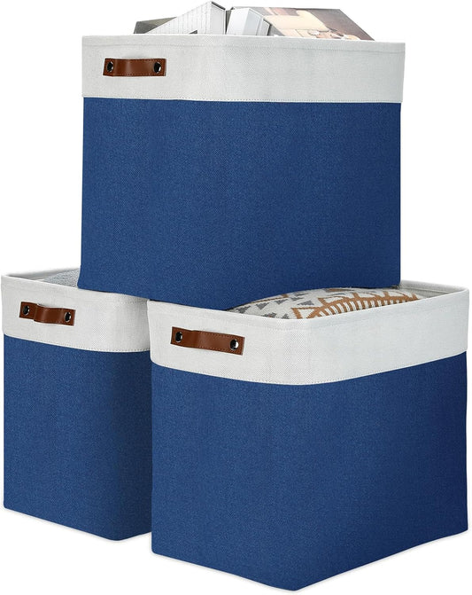 DULLEMELO 51L Large Baskets for Storage, Large Rectangular Baskets for Shelves [3 Pack], Blanket Basket Dog Toy Basket for Organizing Closet, Nursery, Clothes,Toys (White&Blue)