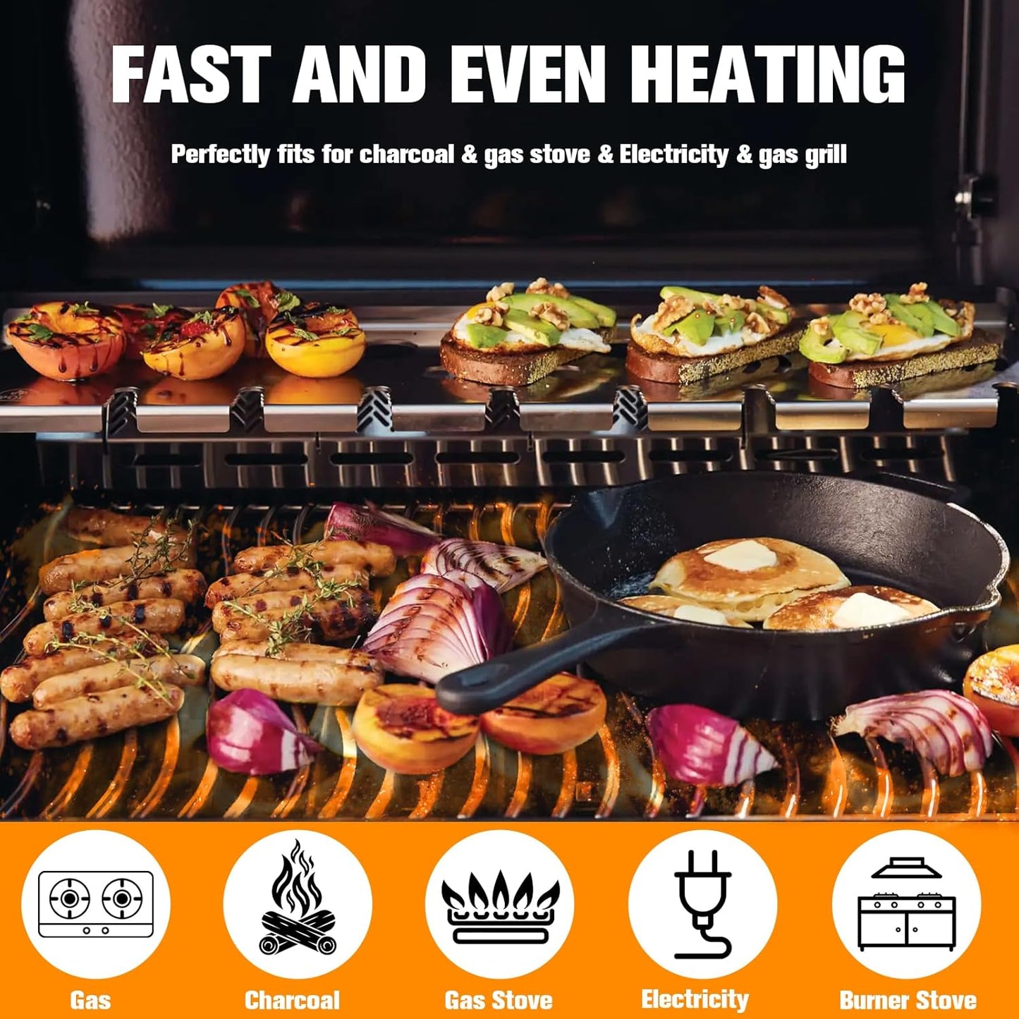 ABYDA Universal Stainless Steel Cooking Griddle, Heavy-Duty 4mm Flat Top Plate Insert with Grease Groove and Removable Handles,Premium Nonstick Coating for Gas/Charcoal/Stove, 17"x13"