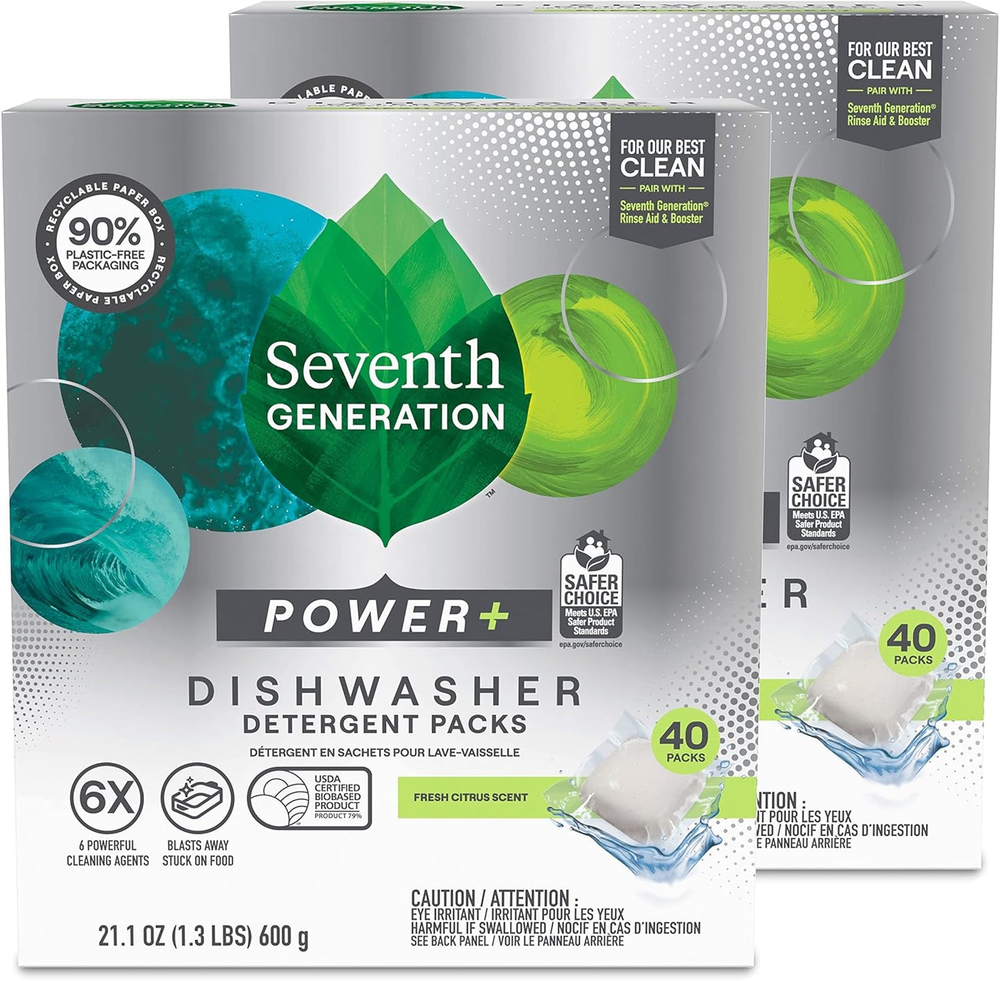 Seventh Generation Power Plus Dishwasher Detergent Packs Fresh Citrus scent Pack of 2 for sparkling dishes Dishwasher tabs 40 count