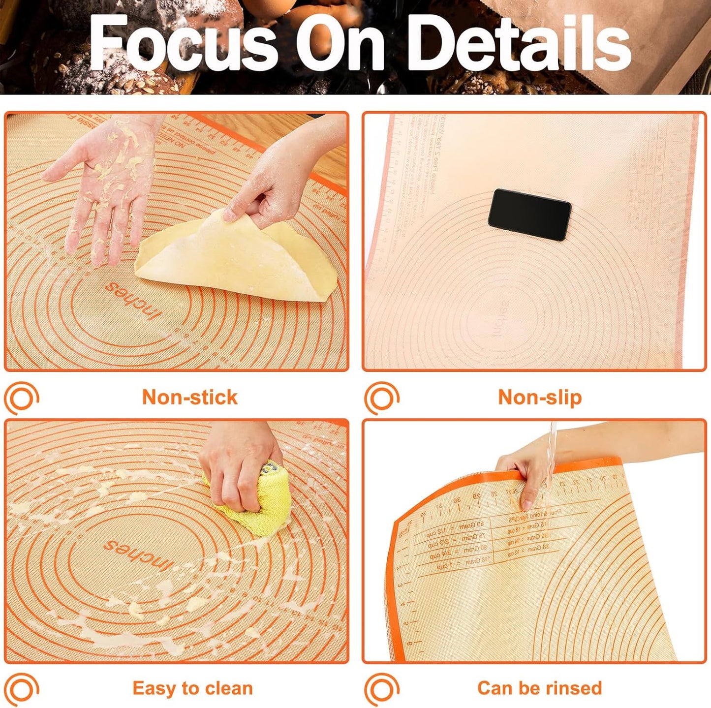 Silicone Pastry Mat 34x26 Inch Nonstick Baking Mat -Perfect for Doug, Pastry, Dough Rolling, Kneading Board, Pie Crust, Fondant, Pasta/Pizza, Kitchen Counter Mat