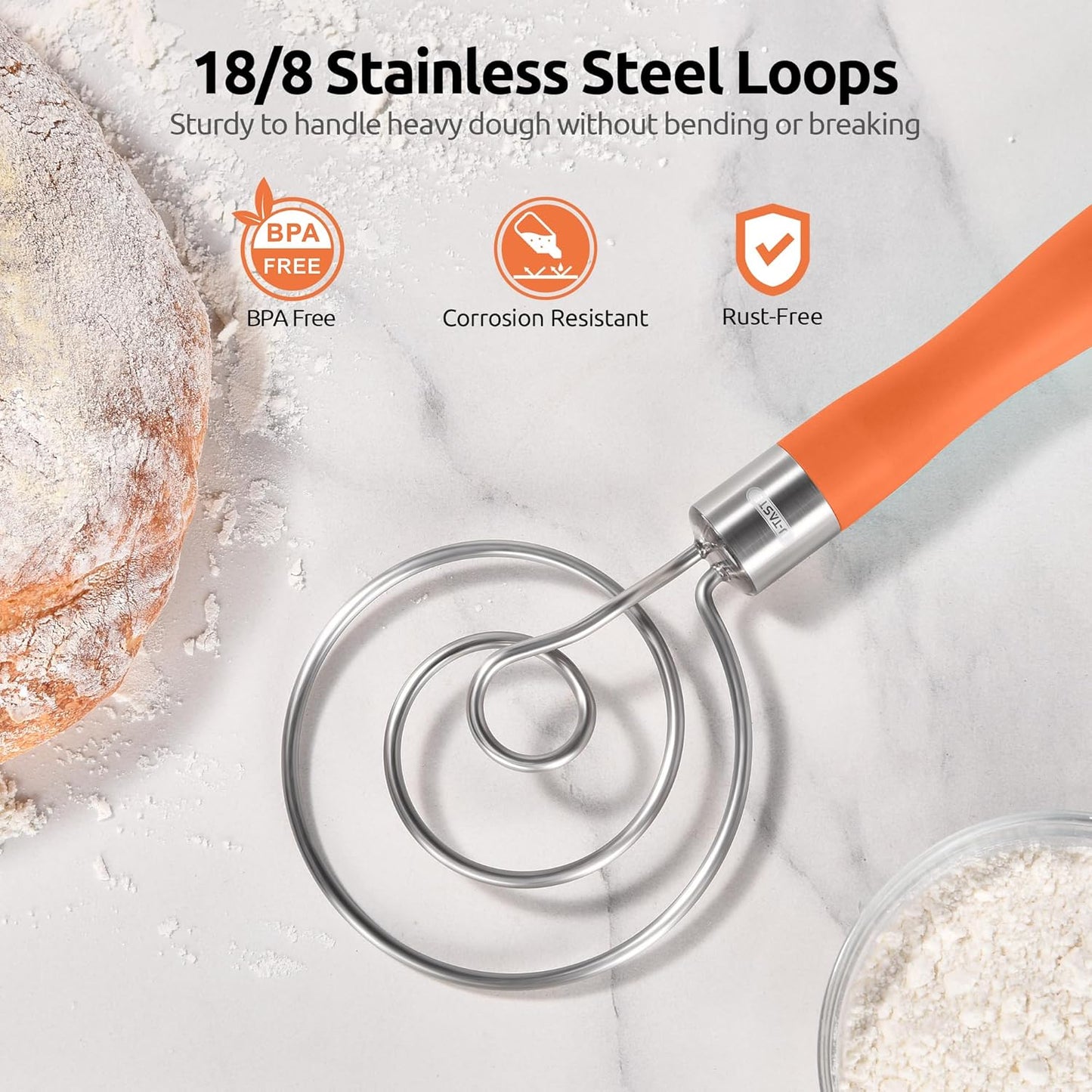 U-Taste 12.6in Danish Dough Whisk: 18/8 Stainless Steel Heavy-Duty Sourdough Mixer Tool, Food Grade Dutch Style Seamless Bread Wisk, Sturdy for Mixing, Stirring, Kneading Thick Batter (Orange)