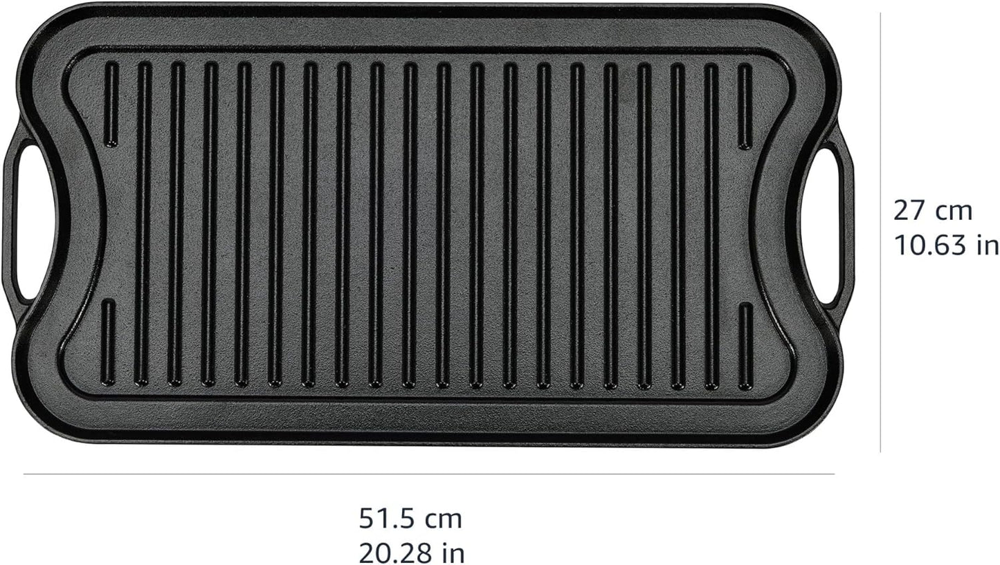 Amazon Basics Pre-Seasoned Cast Iron Reversible Rectangular Grill/Griddle, Black, 20 x 10.39 x 0.98 inch