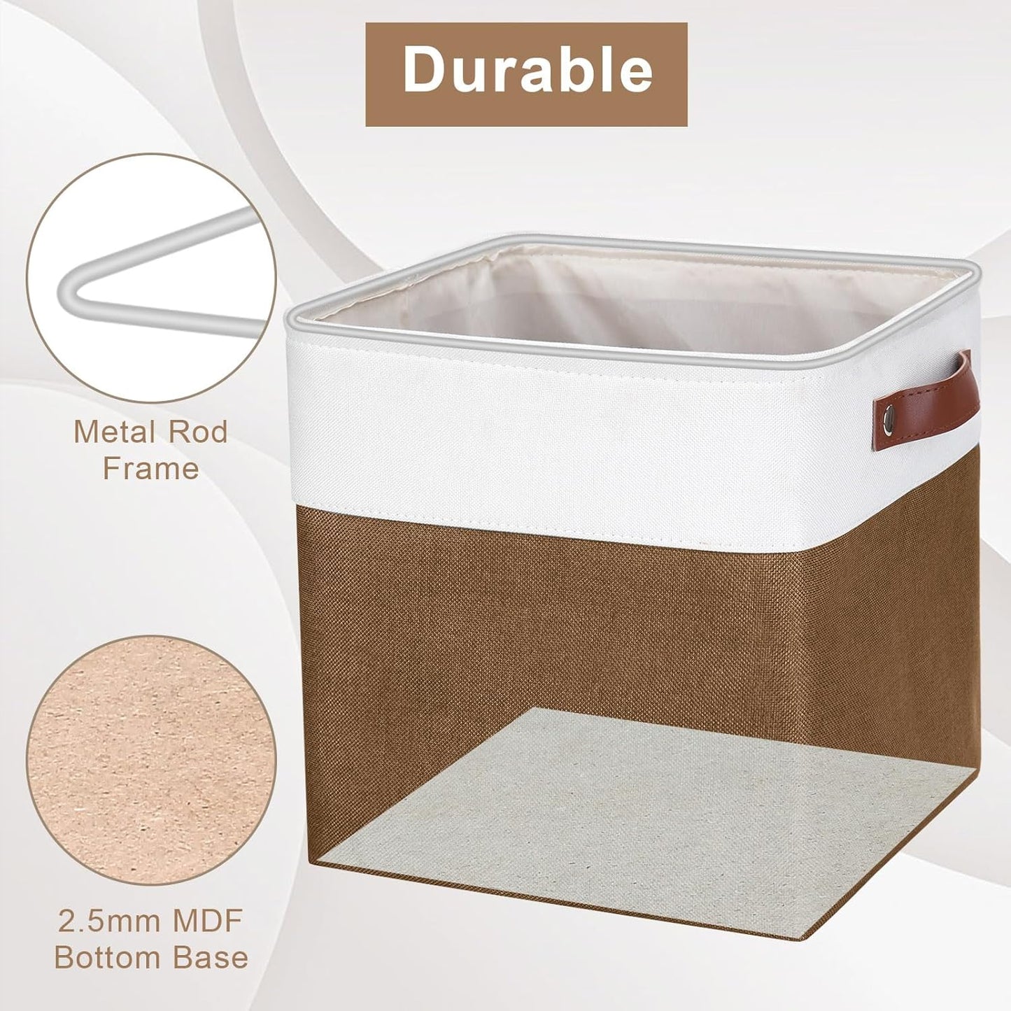 Collapsible Fabric Storage Cubes 11x11 Cube Storage Bins, 4 Pack Closet Baskets Box with Handles for Organizing, Shelf, Toys, Clothes, Home, Office, Nursery (Brown&White)