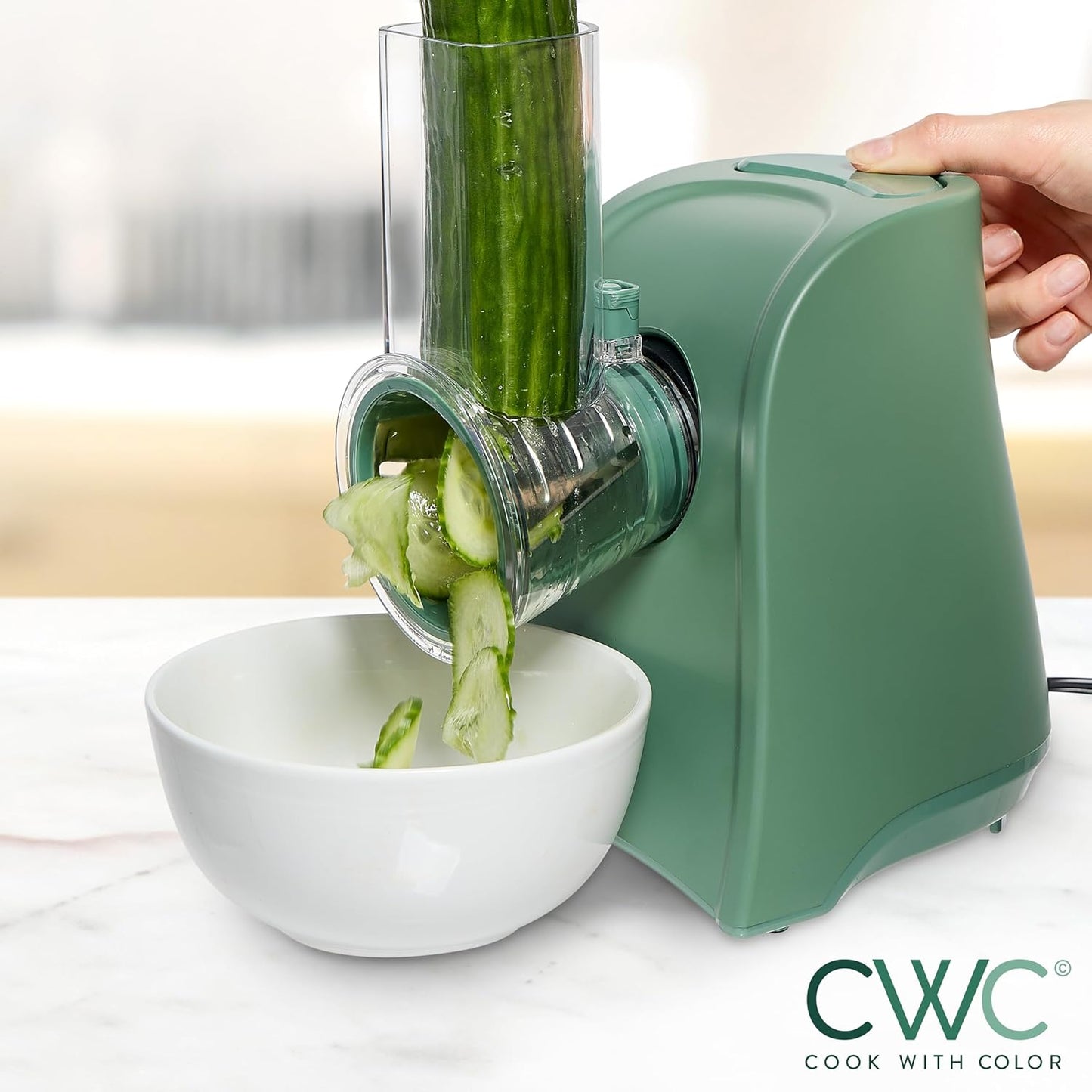 COOK WITH COLOR 5-in-1 Electric Slicer, 150W Food Prep Machine – Cheese Shredder, Fine & Coarse Graters, Potato Grater, Vegetable Slicer, Fruit, Salad Shooter, Compact Design for Bowl Prep, Green