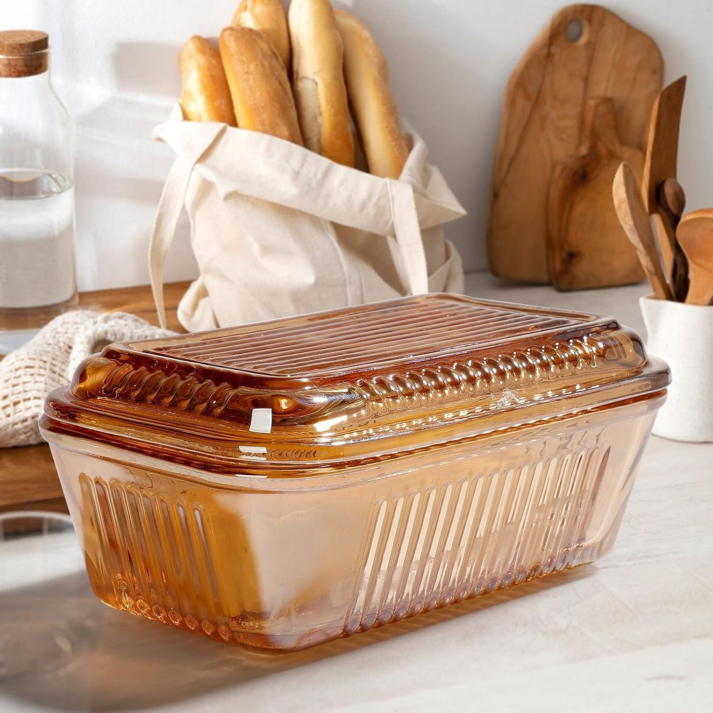 Wide Glass Butter Dish with Lid with Large capacity for Countertop Clear Crystal Butter Container with Cover for Counter Butter Keeper Tray Holder for Refrigerator