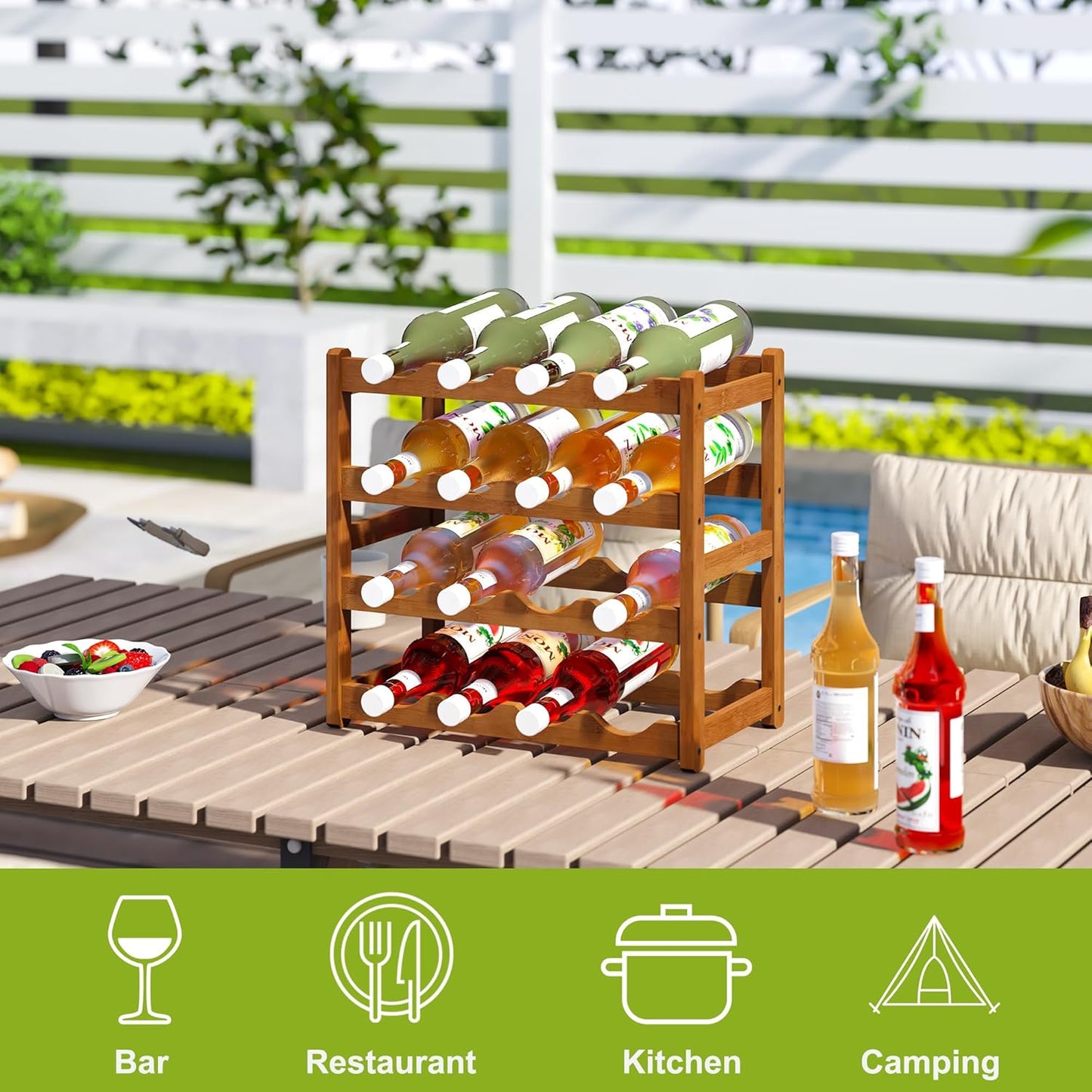 BMOSU Bamboo Wine Rack Wine Storage Cabinet Shelf 16 Bottle Wine Racks Countertop Sturdy for Kitchen Dining Room Pantry - 4 Tiers Wine Rack(Brown)