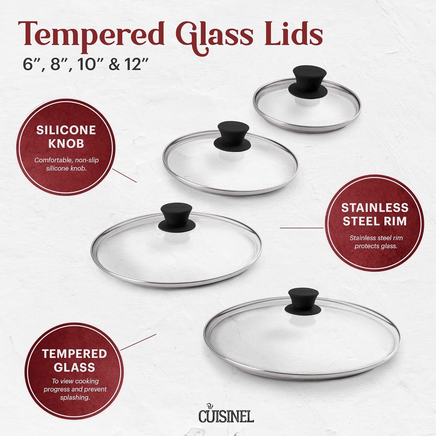 Glass Lids Set - 6"+8"+10"+12"-Inch / 15.24cm+20.32cm+25.4cm+30.48cm - Compatible with Lodge Cast Iron - Fully Assembled Tempered Replacement Cover - Oven Safe for Skillets Pans: Universal Cookware