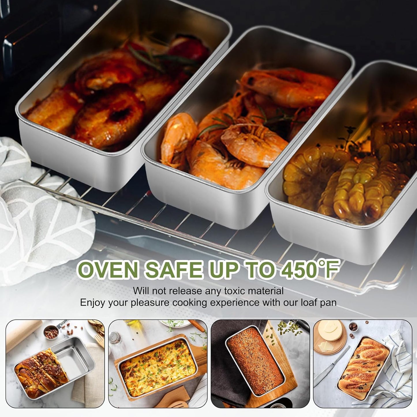 P&P CHEF Loaf Pan Set, 9 x 5 Inch Bread Pans, Stainless Steel Loaf Toast Baking Pans For Bread Meatloaf Lasagna Cake, Healthy & Non Toxic, Oven & Dishwasher Safe,(Silver, 8Pcs)