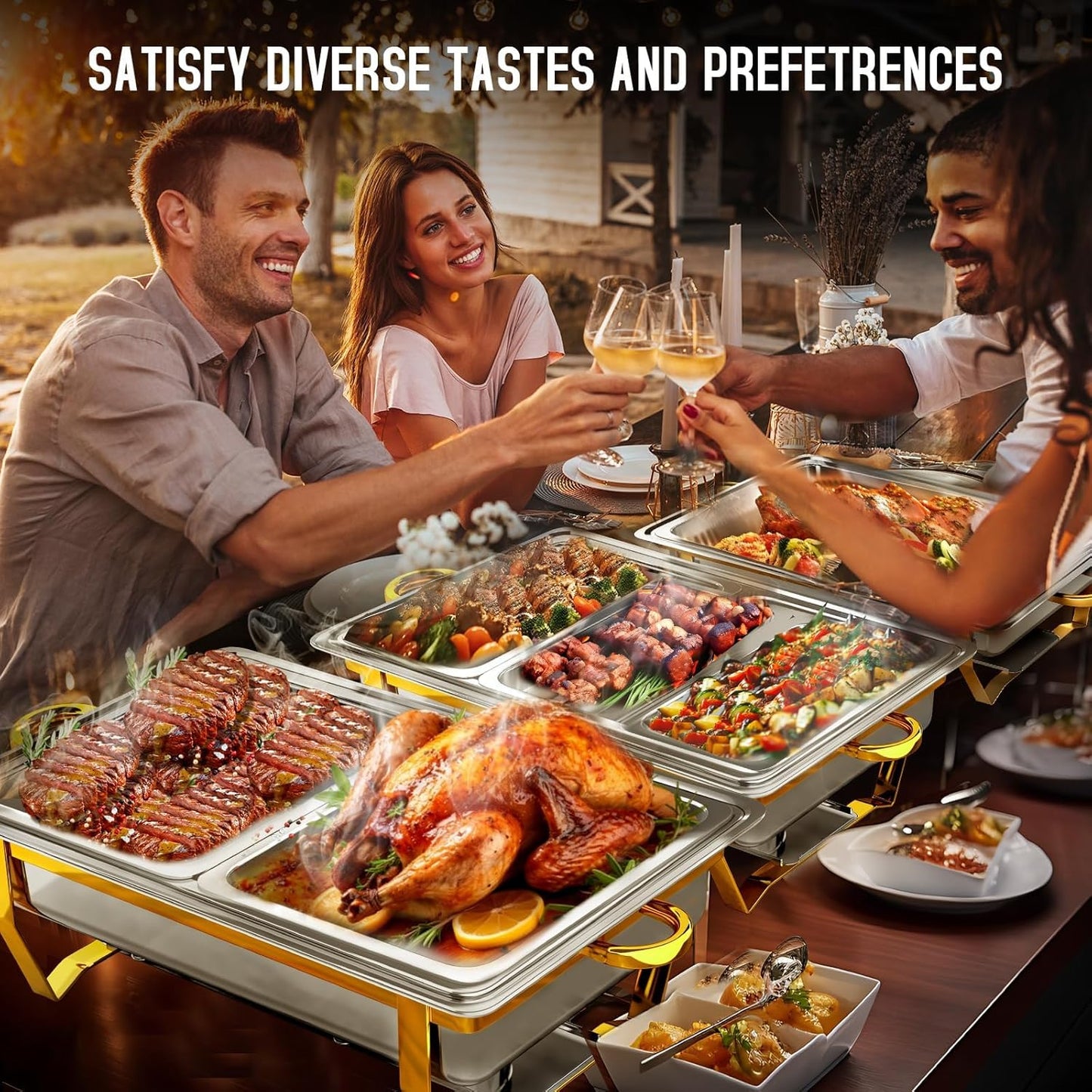 Chafing Dishes for Buffet 2 Pack, [Elegant Gold and Silver] Stainless Steel Chafing Dish Buffet Set, 9QT No-Finger Cut Roll Edge Chafers and Buffet Warmers Sets for Party (Gold 1/2 Panx2)