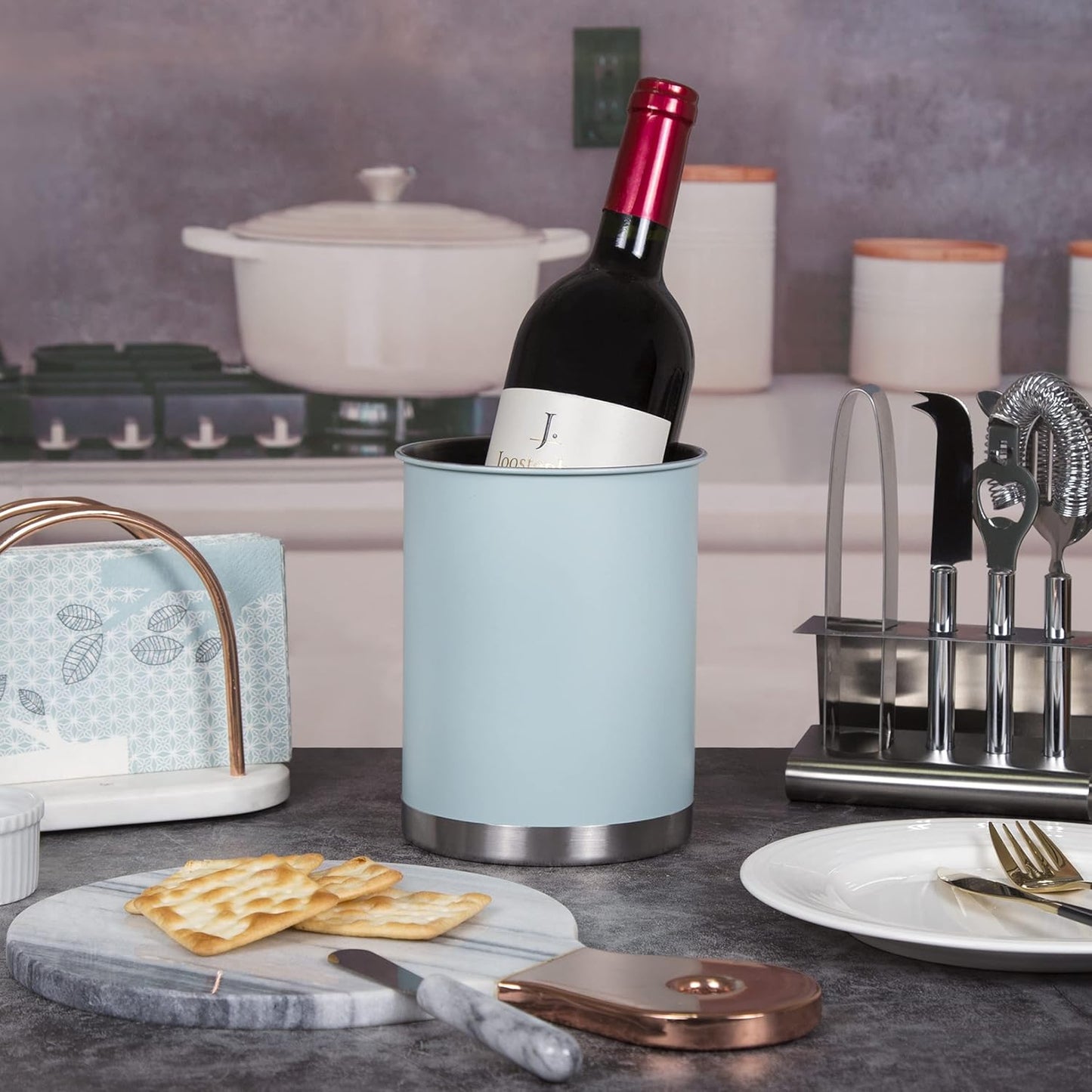 Creative Home Stainless Steel Utensil Holder– 6.3" Large Cooking Tool Organizer for Kitchen Decor and Countertop Storage, Stable Anti-Tip Design, Durable Powder-Coated Finish, Ocean Blue